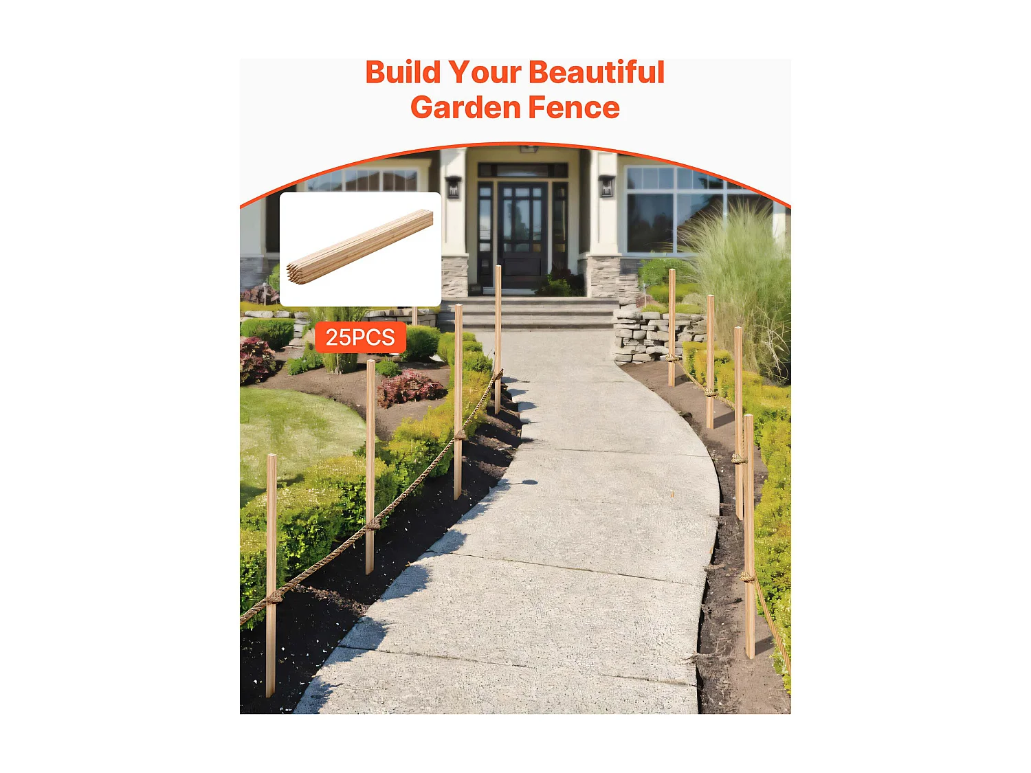 Piquets de Clôture Jardin SucceBuy en Bois, Lot de 25, Poteaux Bois à Pointe 1.9 x 1.9 x 121.9 cm, Piquets pour Clôtures Anti-érosion, Délimiter les Zones