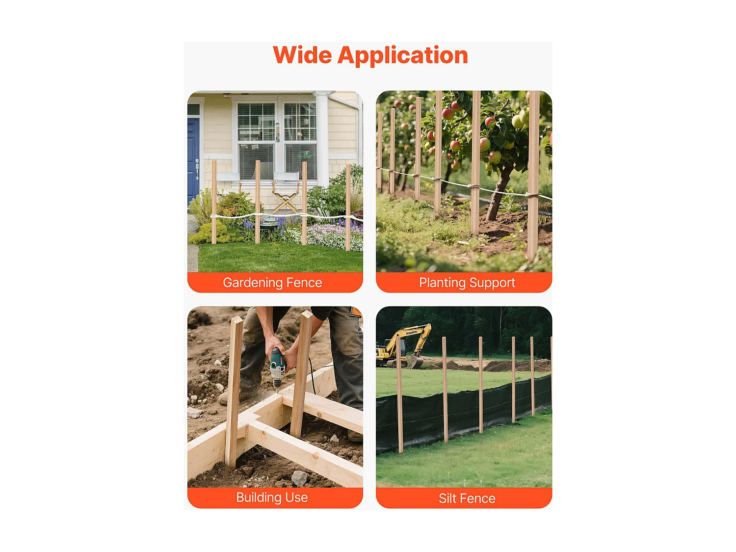 Piquets de Clôture Jardin SucceBuy en Bois, Lot de 25, Poteaux Bois à Pointe 1.9 x 1.9 x 121.9 cm, Piquets pour Clôtures Anti-érosion, Délimiter les Zones