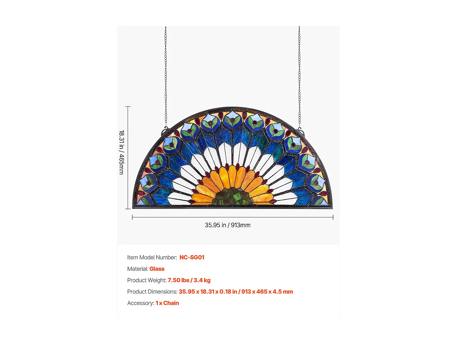 Catturasole Vitrato SucceBuy di 91,3 x 46,5 cm, Vetrata Sospesa Stile Tiffany con Catena, Mezzo Tondo, Artigianato Tradizionale Vintage per Decorazione