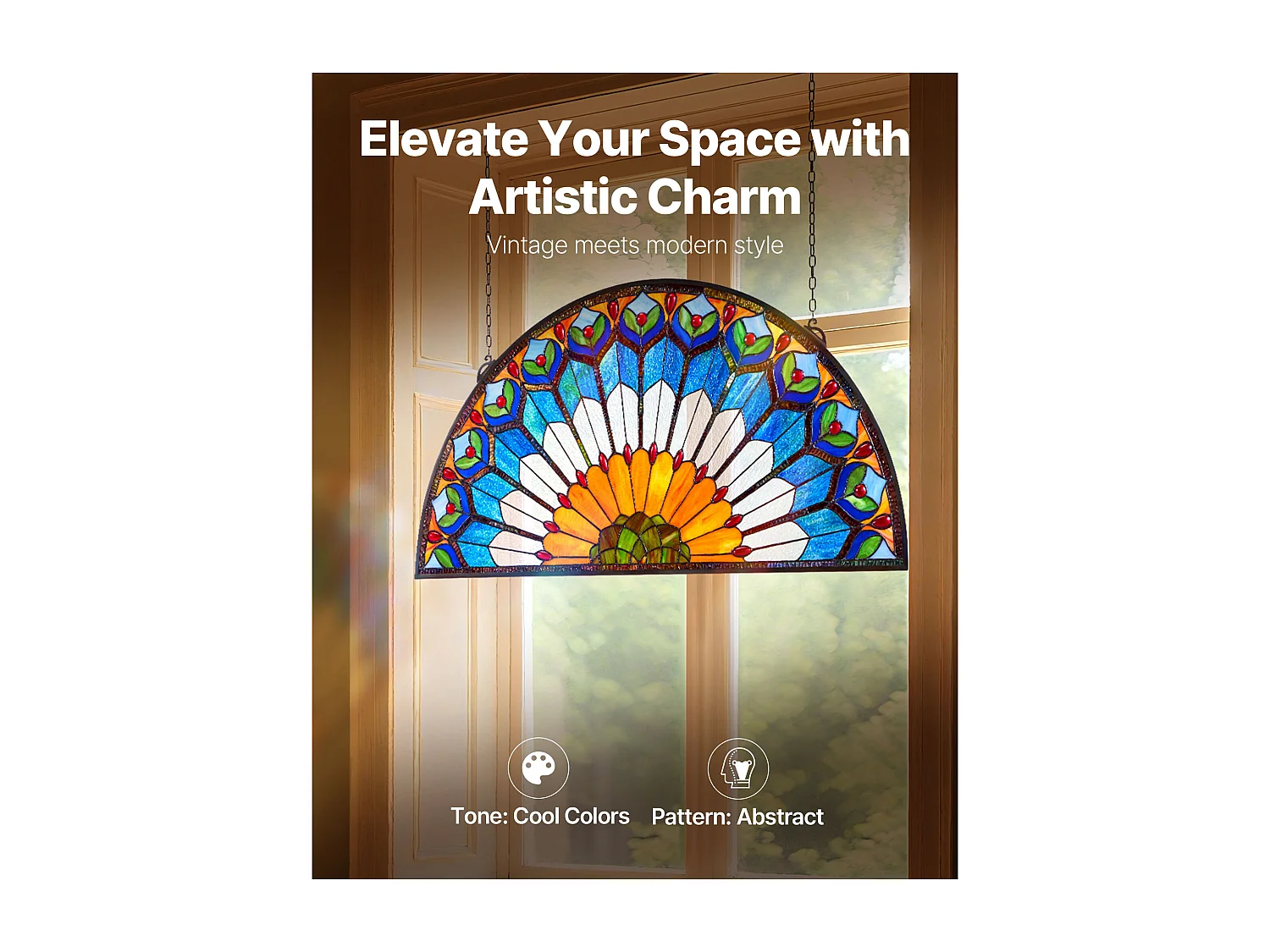 Catturasole Vitrato SucceBuy di 91,3 x 46,5 cm, Vetrata Sospesa Stile Tiffany con Catena, Mezzo Tondo, Artigianato Tradizionale Vintage per Decorazione