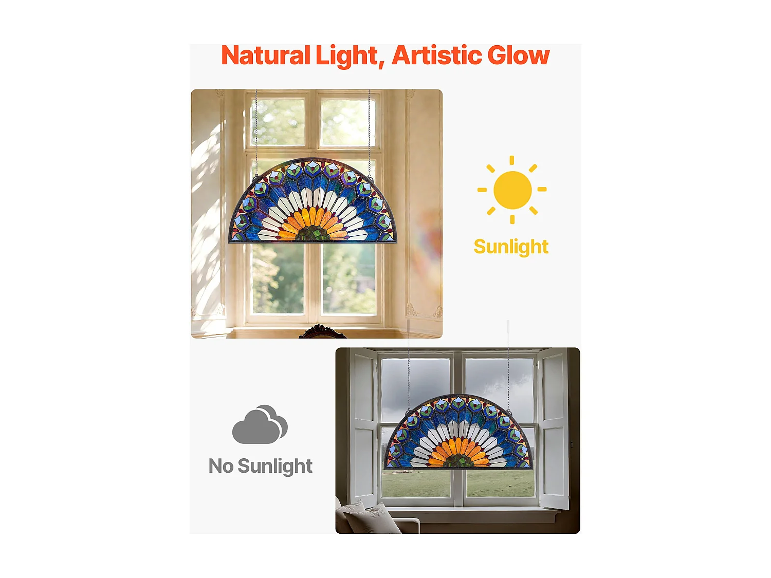 Catturasole Vitrato SucceBuy di 91,3 x 46,5 cm, Vetrata Sospesa Stile Tiffany con Catena, Mezzo Tondo, Artigianato Tradizionale Vintage per Decorazione