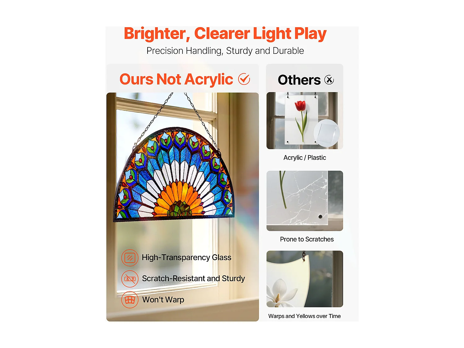 Catturasole Vitrato SucceBuy di 91,3 x 46,5 cm, Vetrata Sospesa Stile Tiffany con Catena, Mezzo Tondo, Artigianato Tradizionale Vintage per Decorazione