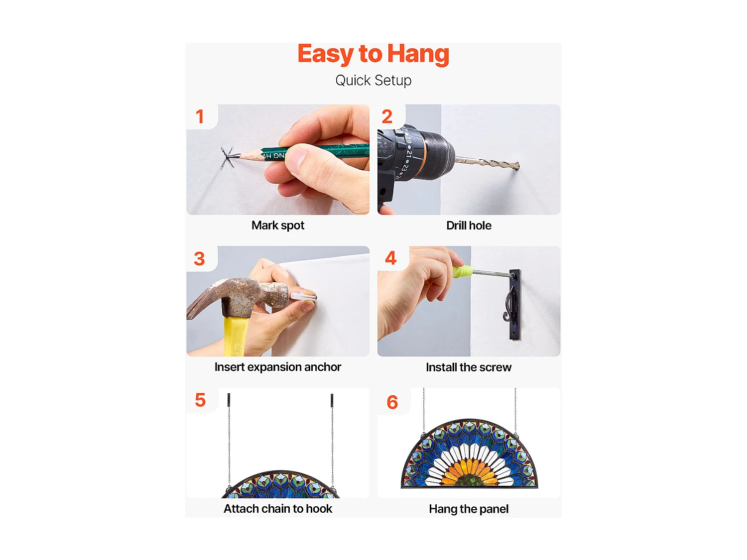 Catturasole Vitrato SucceBuy di 91,3 x 46,5 cm, Vetrata Sospesa Stile Tiffany con Catena, Mezzo Tondo, Artigianato Tradizionale Vintage per Decorazione