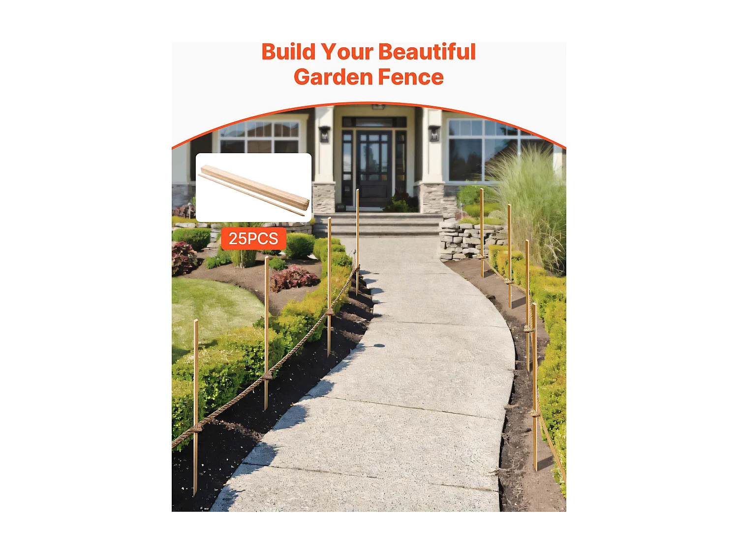Piquets de Clôture Jardin SucceBuy en Bois, Lot de 25, Poteaux Bois à Pointe 1.75 x 1.27 x 121.9 cm, Piquets pour Clôtures Anti-érosion, Délimiter les Zones