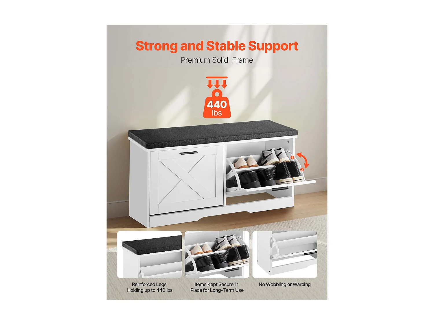 Banc à Chaussures d'Entrée SucceBuy 100x30.5x47.5 cm, Banc Rangement avec Tiroirs Rabattables, Coussin et Portes Rabattables, 199,6 kg, Range-chaussure Étroit