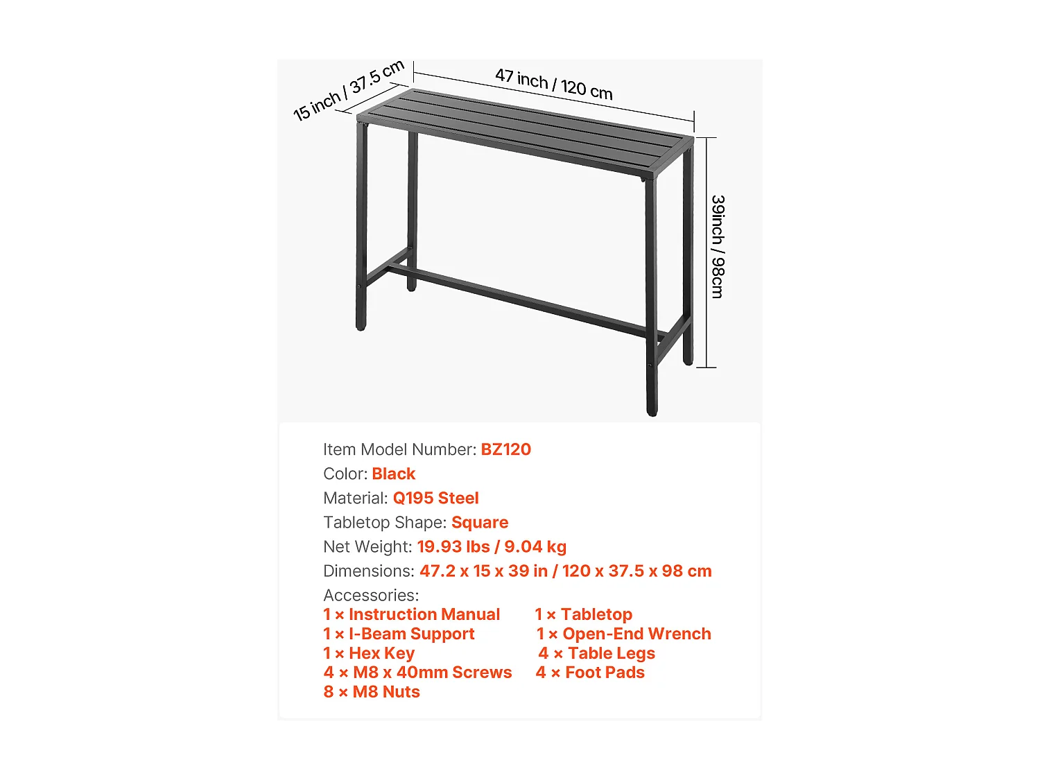 Table de Bar SucceBuy Haute Extérieur, 120 x 37,5 cm, Table à Manger Rectangulaire, avec Plateau Étanche, Structure en Métal Robuste, Mobilier de Jardin