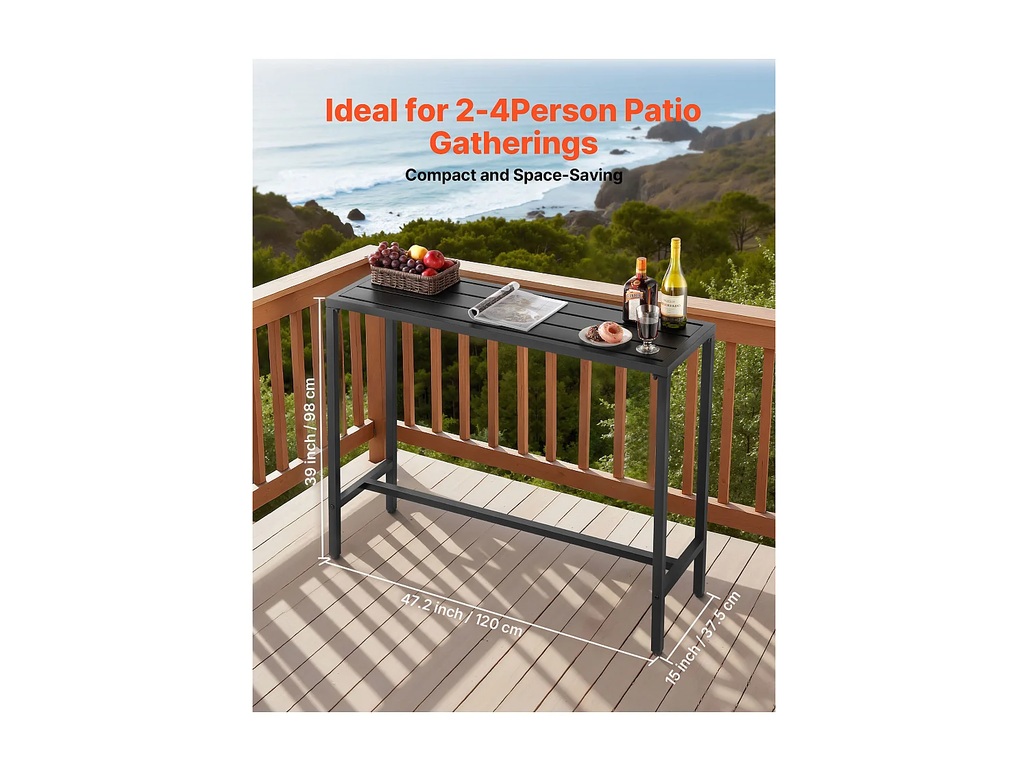 Table de Bar SucceBuy Haute Extérieur, 120 x 37,5 cm, Table à Manger Rectangulaire, avec Plateau Étanche, Structure en Métal Robuste, Mobilier de Jardin