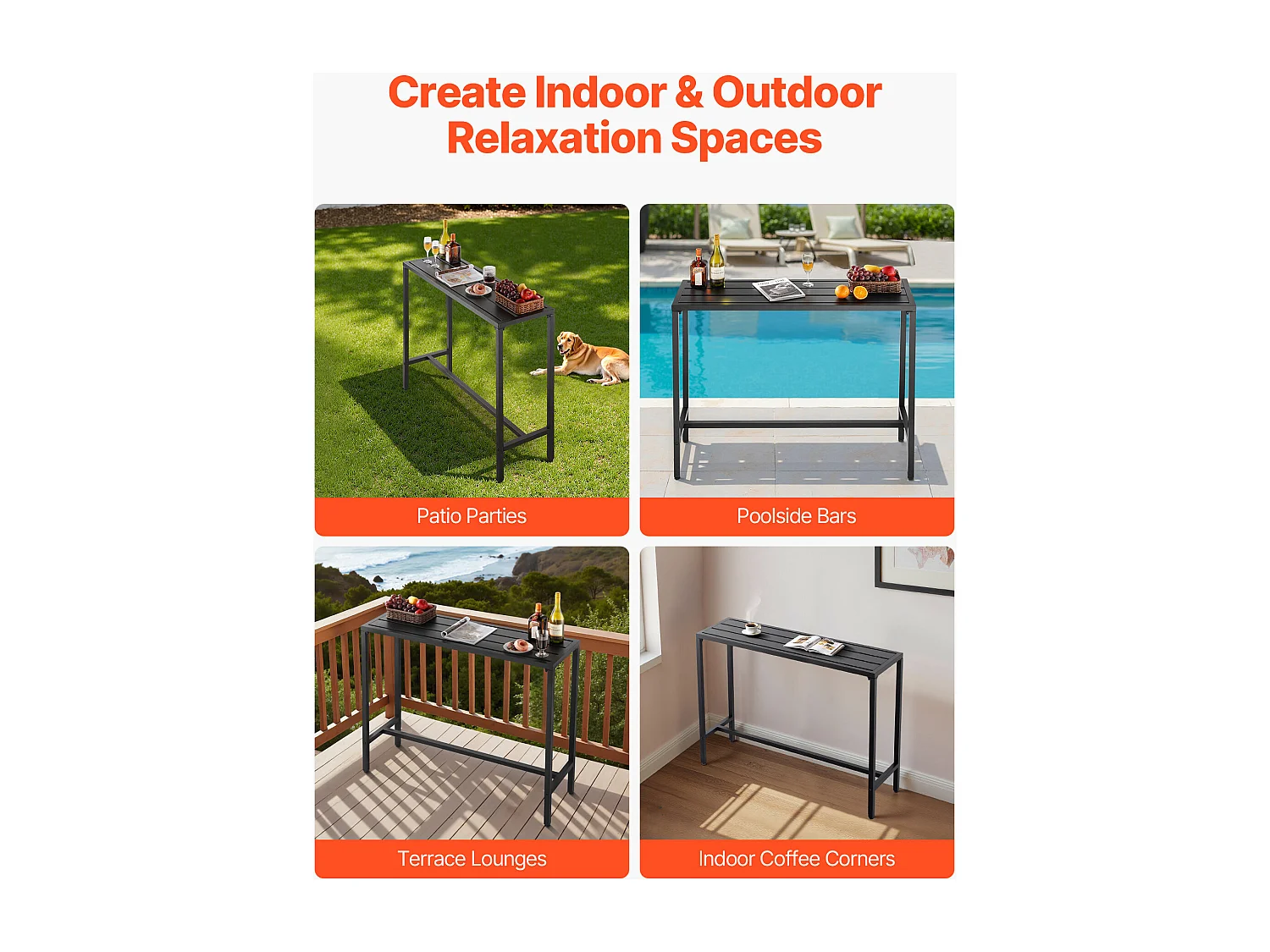 Table de Bar SucceBuy Haute Extérieur, 120 x 37,5 cm, Table à Manger Rectangulaire, avec Plateau Étanche, Structure en Métal Robuste, Mobilier de Jardin