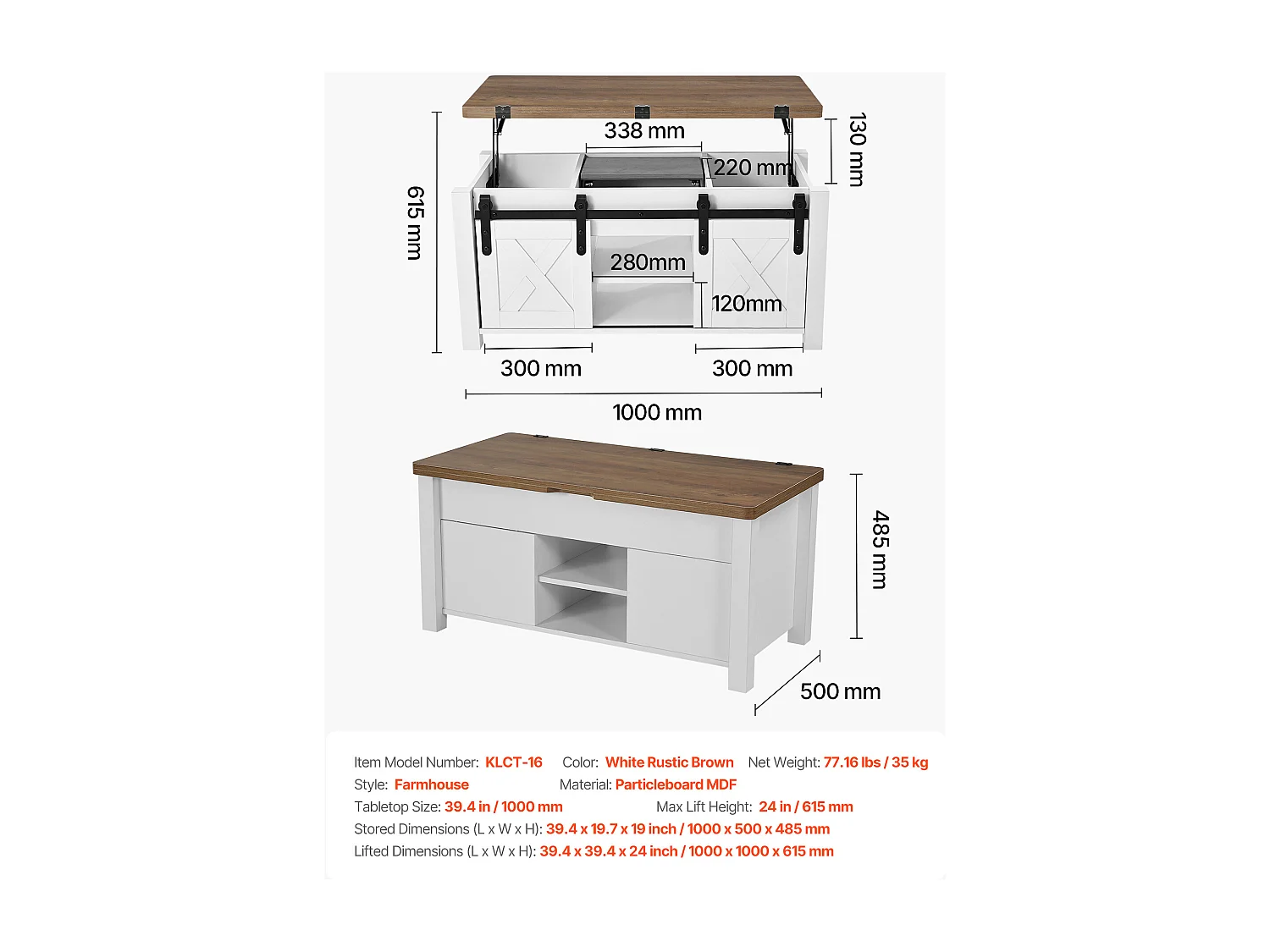 Bijzettafel SucceBuy met Verstelbaar Rechthoekig Blad, 100 x 50 x 48.5 cm, Salontafel met Schuurdeur en Verborgen Opbergvak, Industriële Stijl