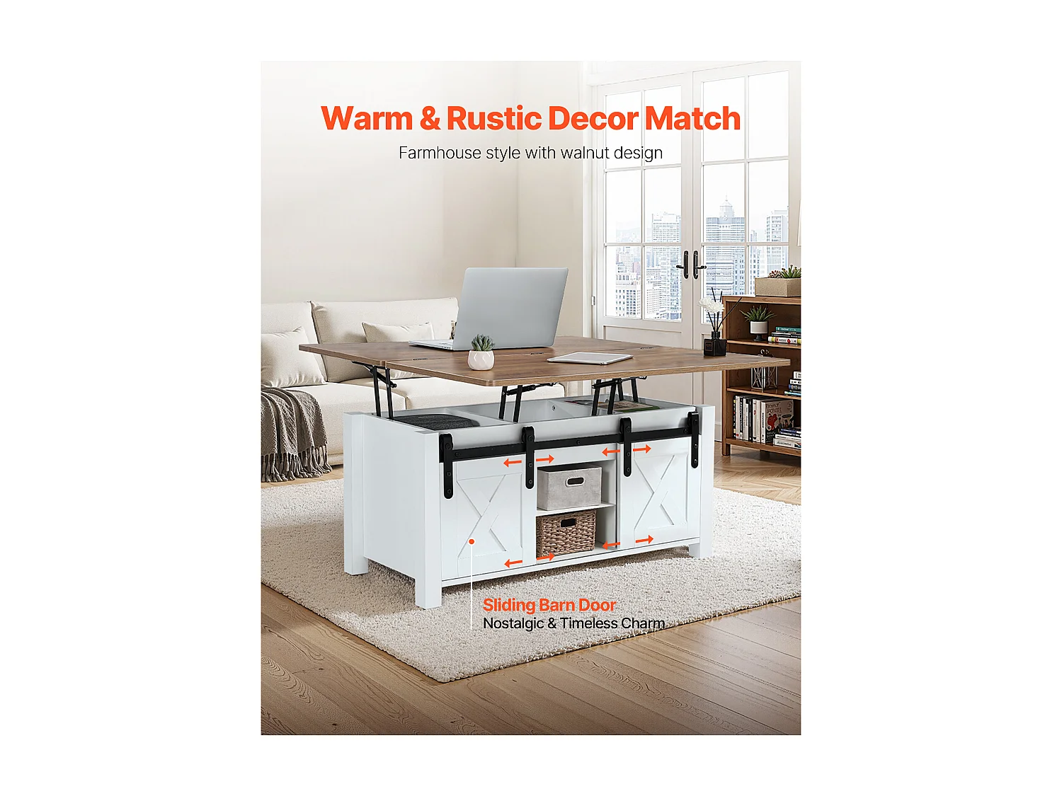 Bijzettafel SucceBuy met Verstelbaar Rechthoekig Blad, 100 x 50 x 48.5 cm, Salontafel met Schuurdeur en Verborgen Opbergvak, Industriële Stijl