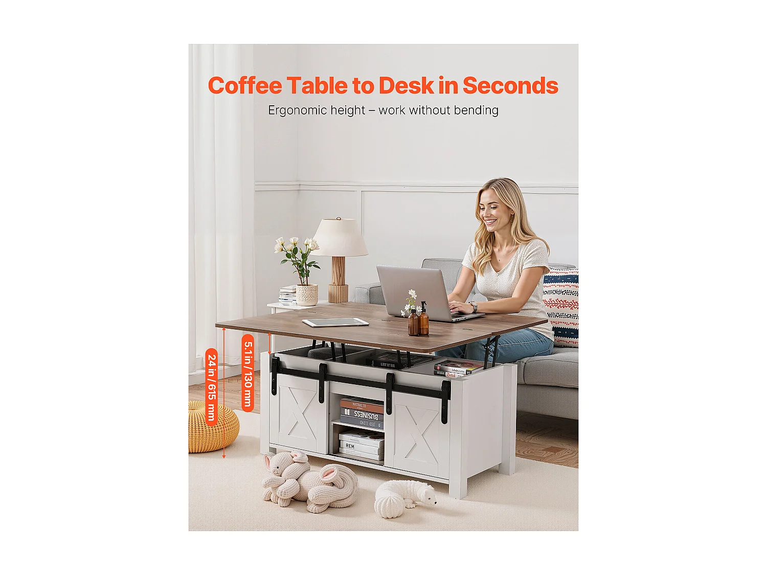 Bijzettafel SucceBuy met Verstelbaar Rechthoekig Blad, 100 x 50 x 48.5 cm, Salontafel met Schuurdeur en Verborgen Opbergvak, Industriële Stijl