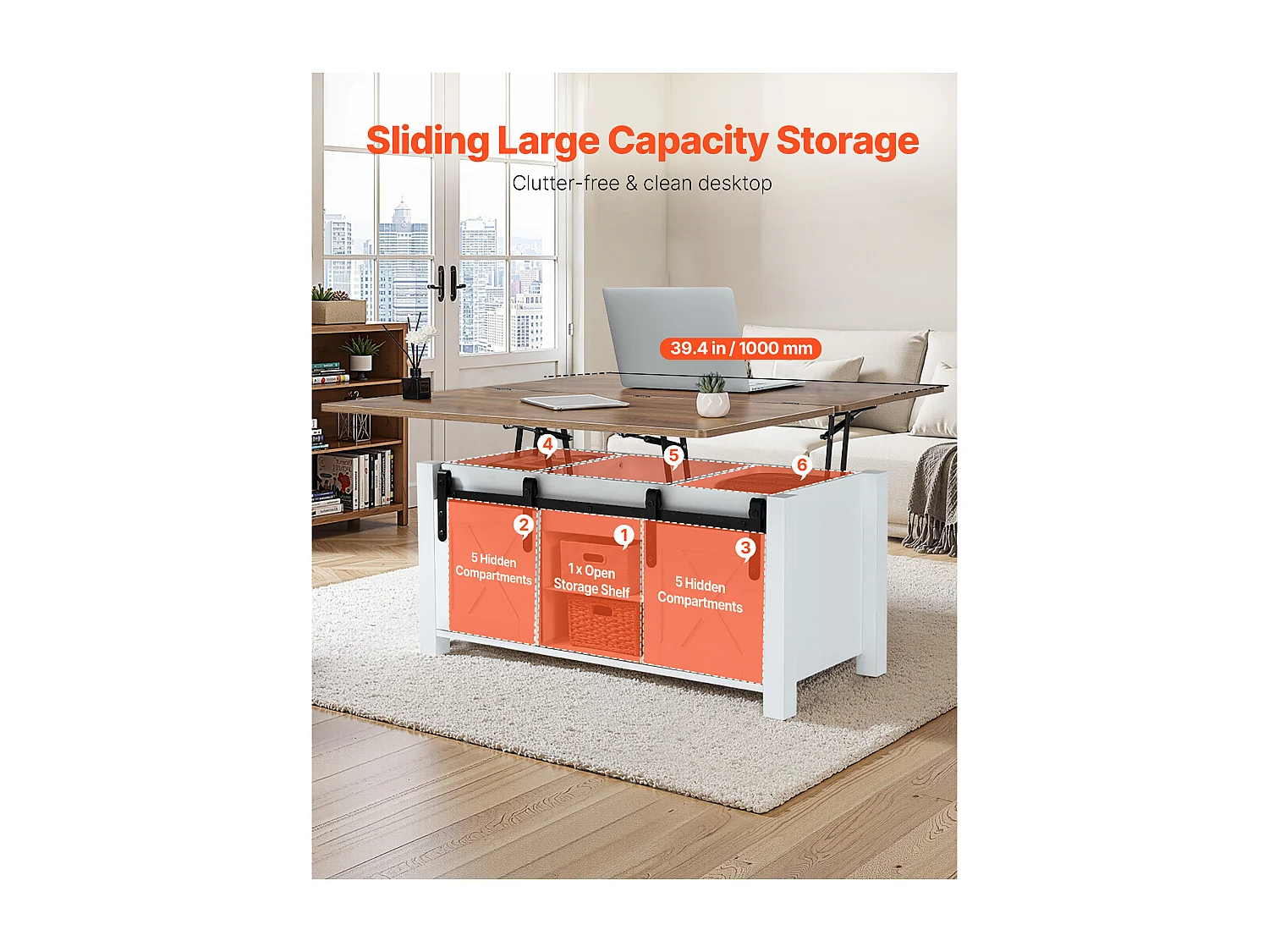 Bijzettafel SucceBuy met Verstelbaar Rechthoekig Blad, 100 x 50 x 48.5 cm, Salontafel met Schuurdeur en Verborgen Opbergvak, Industriële Stijl