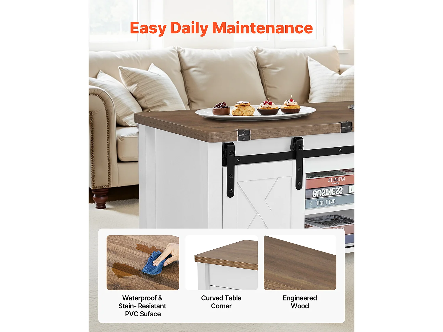 Bijzettafel SucceBuy met Verstelbaar Rechthoekig Blad, 100 x 50 x 48.5 cm, Salontafel met Schuurdeur en Verborgen Opbergvak, Industriële Stijl