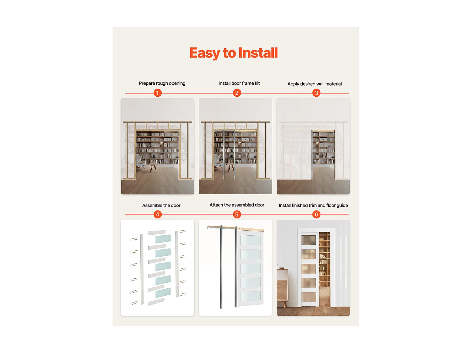 Porte Coulissante Escamotable SucceBuy 203,5x76,5 cm, Simple Porte à Galandage avec 5 Panneaux en Verre Dépoli, Kit de Quincaillerie, Robuste en Bois Massif