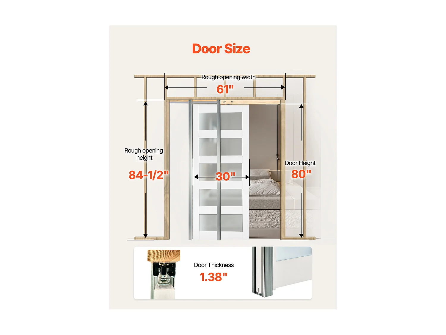 Porte Coulissante Escamotable SucceBuy 203,5x76,5 cm, Simple Porte à Galandage avec 5 Panneaux en Verre Dépoli, Kit de Quincaillerie, Robuste en Bois Massif