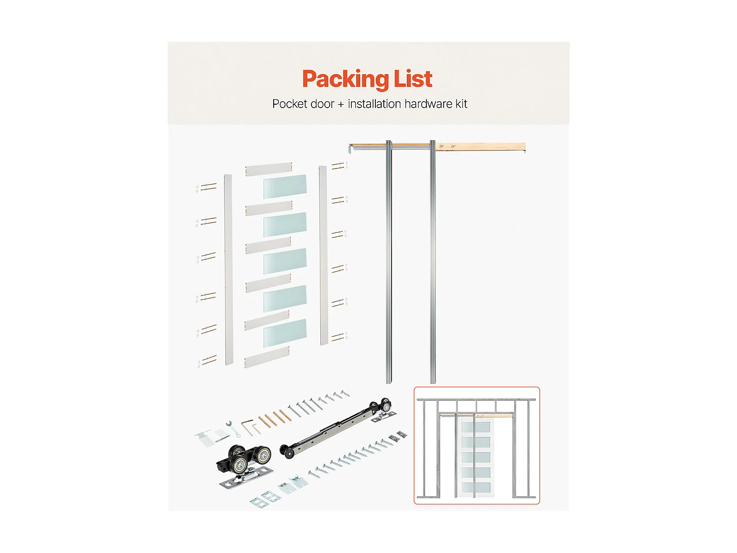 Porte Coulissante Escamotable SucceBuy 203,5x76,5 cm, Simple Porte à Galandage avec 5 Panneaux en Verre Dépoli, Kit de Quincaillerie, Robuste en Bois Massif