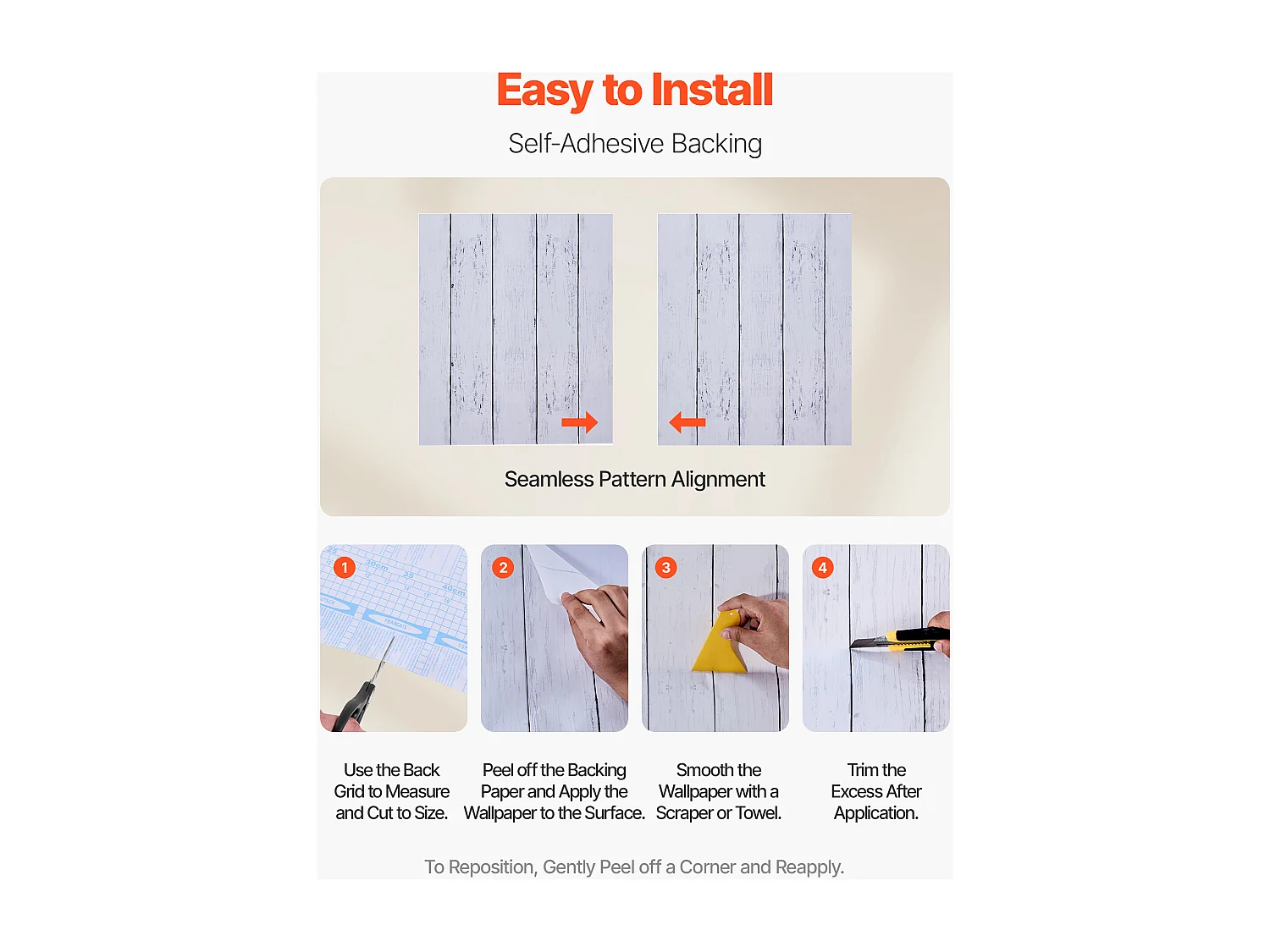 Papel Pintado Adhesivo de Pared SucceBuy, 45 cm x 15 m, Rollo Papel Pintado Autoadhesivo en Vinilo, Motivo Textura Madera Blanca, Impermeable