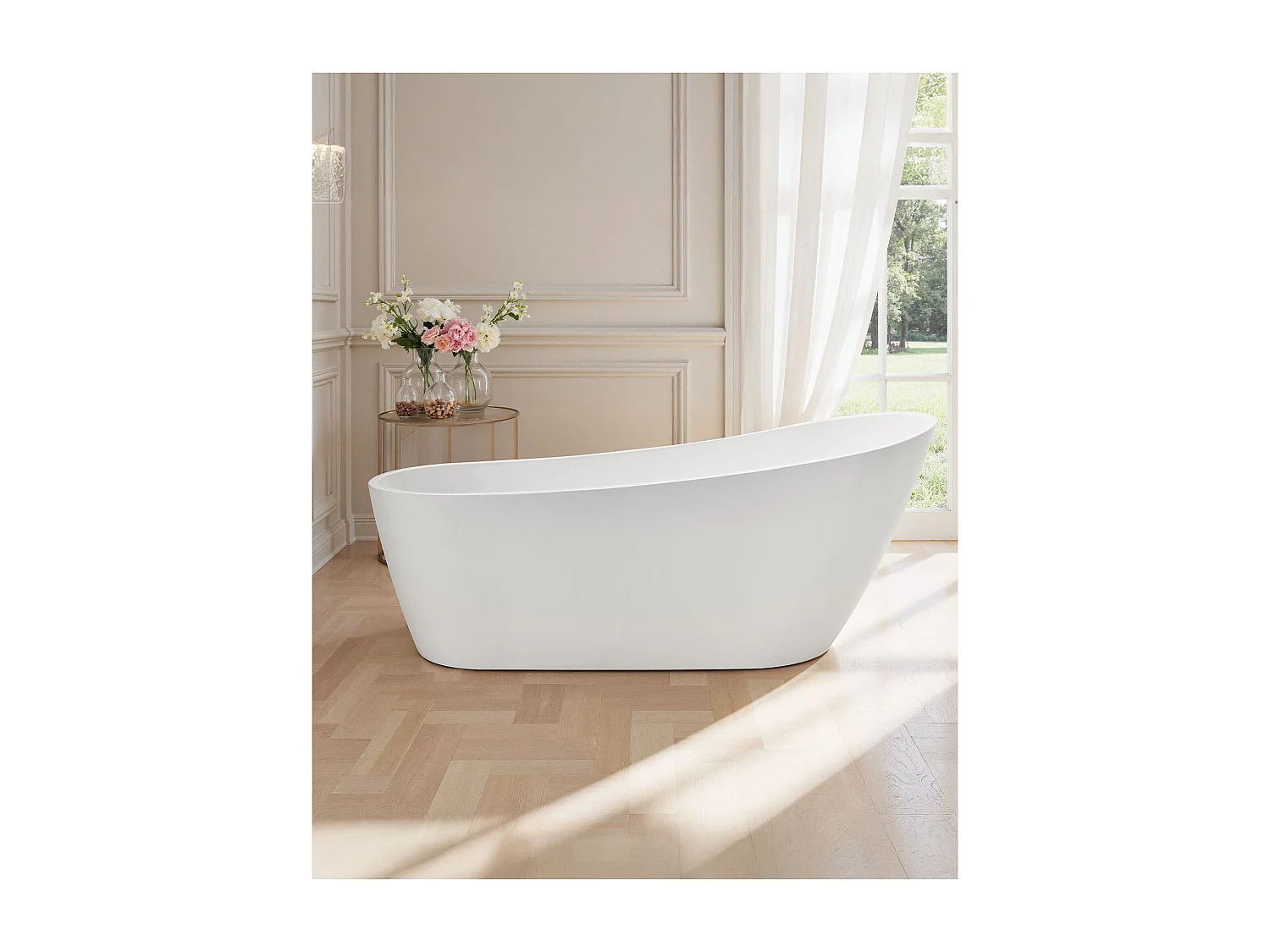 Baignoire Autoportante SucceBuy en Acrylique, Baignoire Îlot Moderne et Élégante, 170x74 cm, Grande Capacité 215 L, avec Trop-plein et Bonde en Chrome Poli