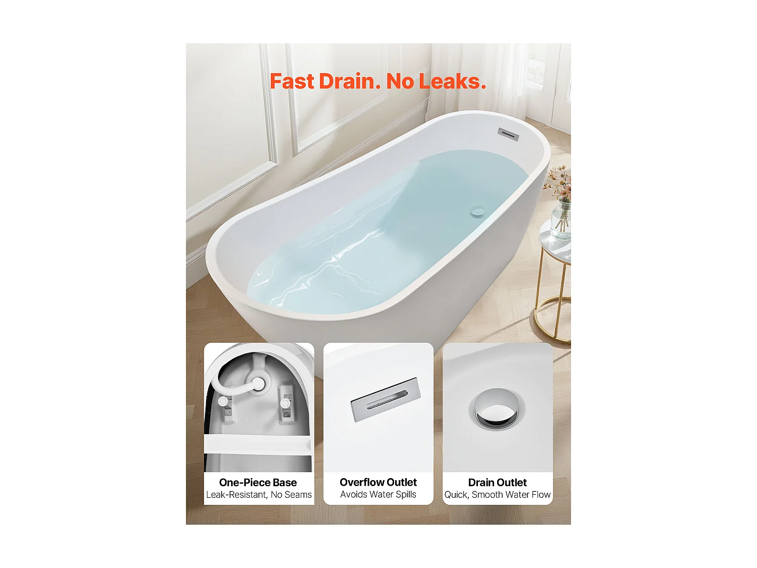 Baignoire Autoportante SucceBuy en Acrylique, Baignoire Îlot Moderne et Élégante, 170x74 cm, Grande Capacité 215 L, avec Trop-plein et Bonde en Chrome Poli
