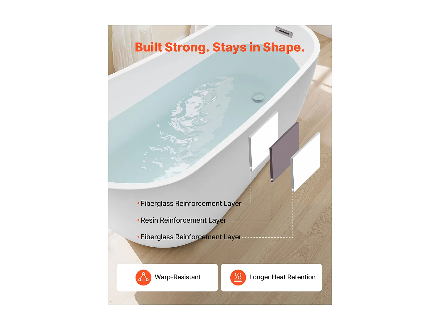 Baignoire Autoportante SucceBuy en Acrylique, Baignoire Îlot Moderne et Élégante, 170x74 cm, Grande Capacité 215 L, avec Trop-plein et Bonde en Chrome Poli