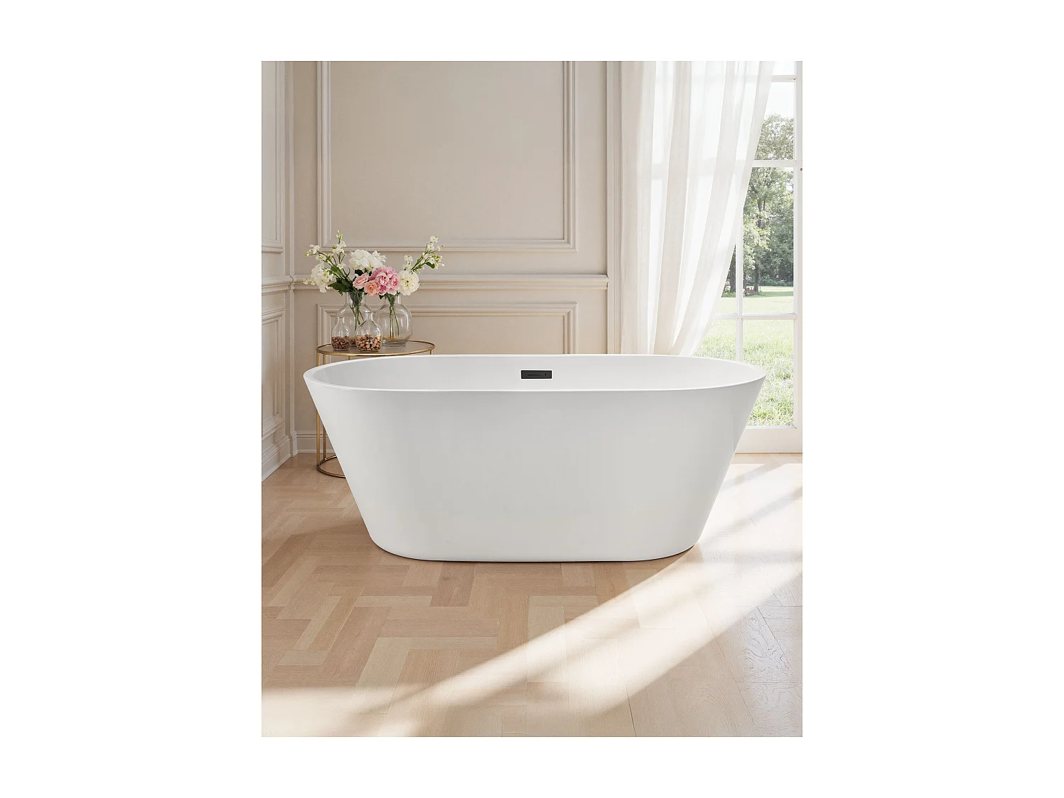 Baignoire Autoportante SucceBuy en Acrylique, Baignoire Îlot Moderne Blanche 150x75 cm, Grande Capacité 230 L, avec Trop-plein et Bonde Noir Mat, Salle de Bain