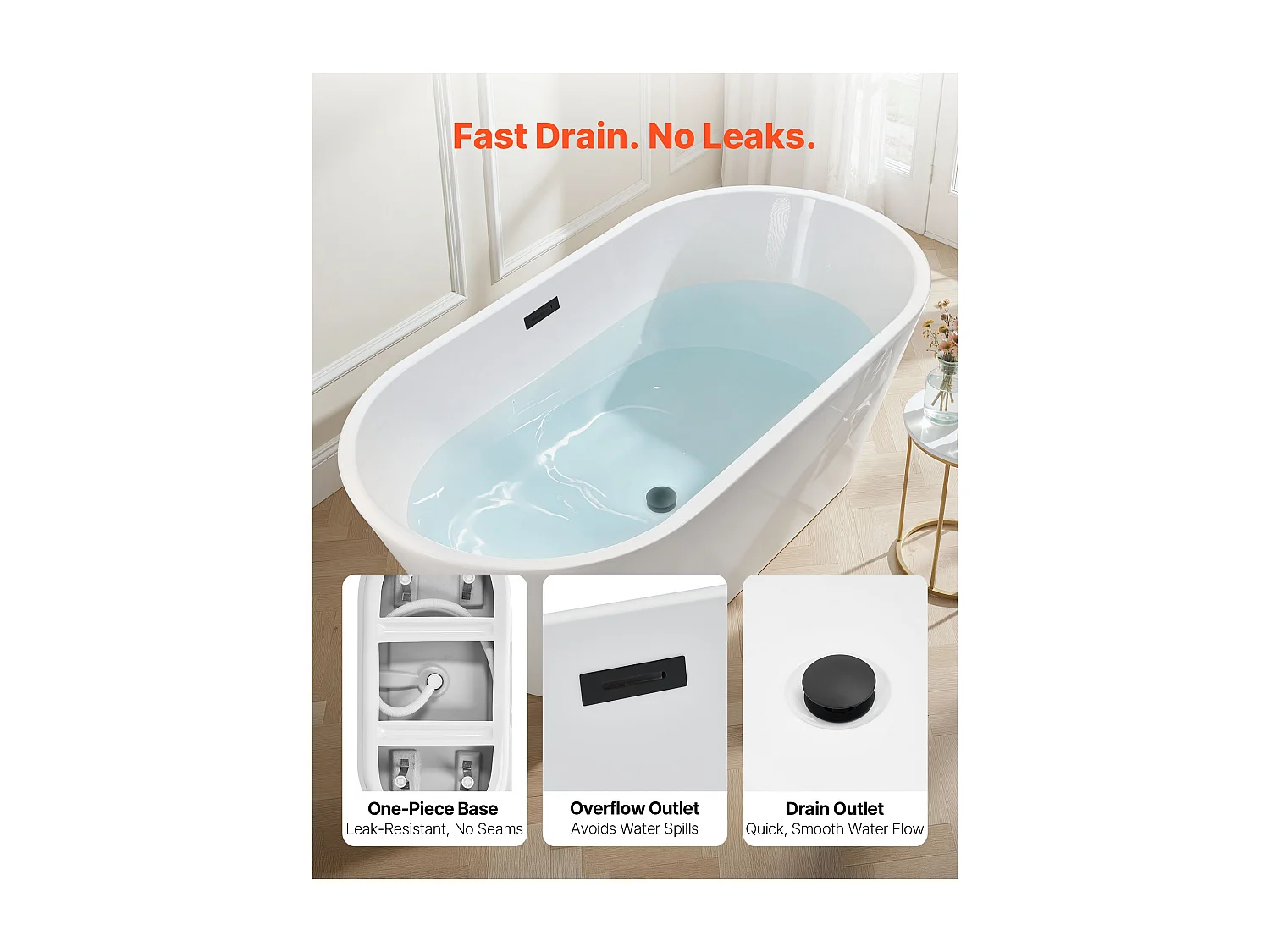 Baignoire Autoportante SucceBuy en Acrylique, Baignoire Îlot Moderne Blanche 150x75 cm, Grande Capacité 230 L, avec Trop-plein et Bonde Noir Mat, Salle de Bain