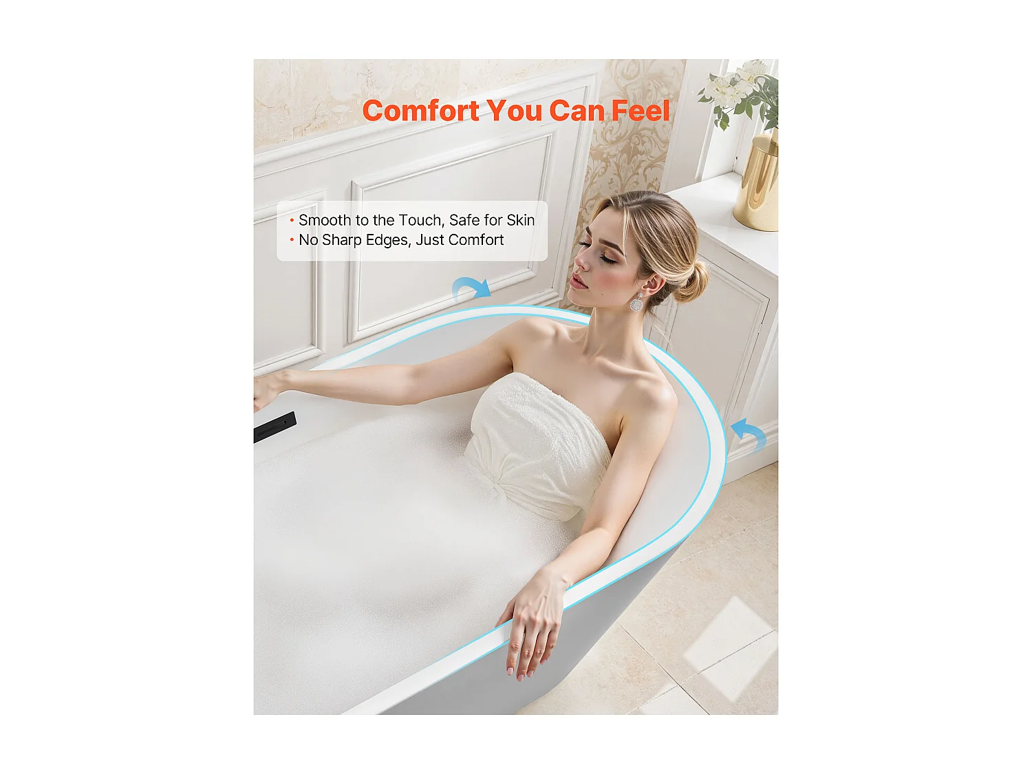 Baignoire Autoportante SucceBuy en Acrylique, Baignoire Îlot Moderne Blanche 150x75 cm, Grande Capacité 230 L, avec Trop-plein et Bonde Noir Mat, Salle de Bain