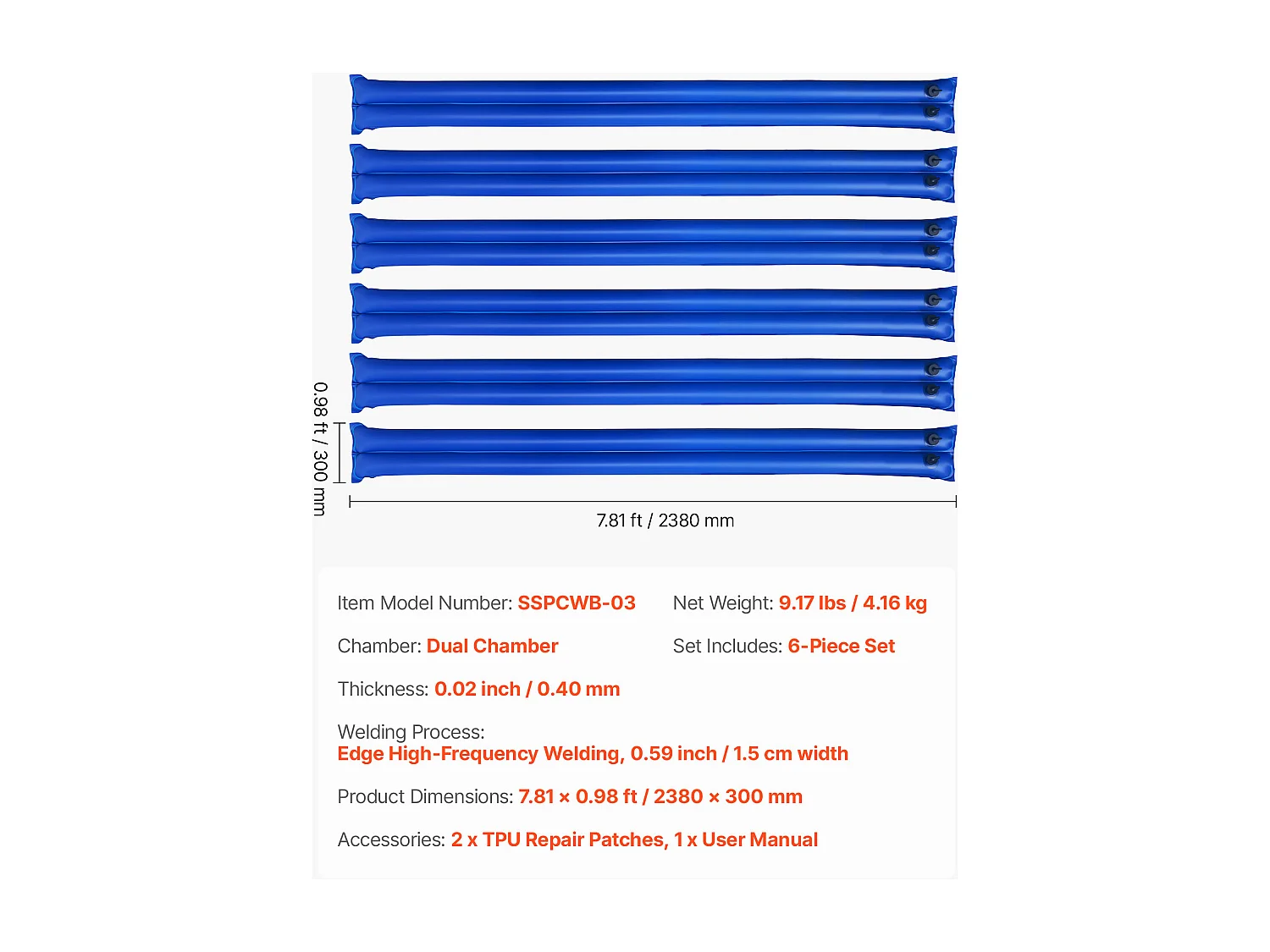 Waterzak SucceBuy voor Zwembadzeil, Set van 6, Waterballastzak Dubbele Kamer, 2,4 m, Geballaste Slangzakken PVC Dikte 0,4 mm, met Waterdichte Dop