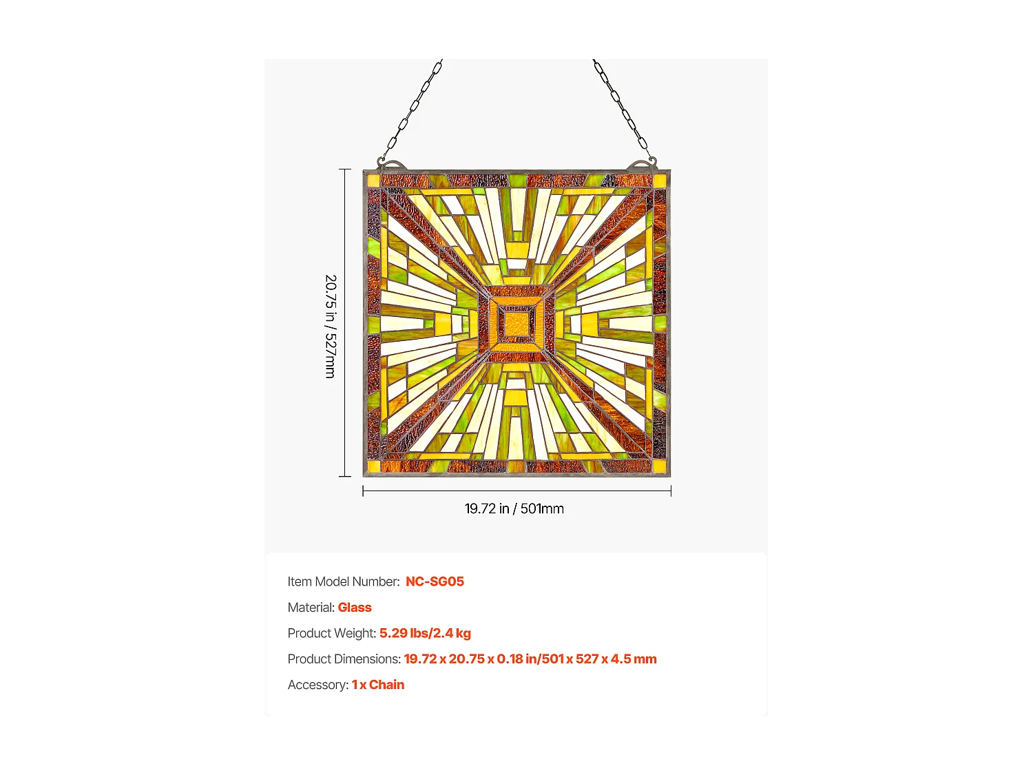 Atrapasol Vitral SucceBuy 50,1 x 52,7 cm, Vitral Colgante con Cadena, Estilo Tiffany, Rectángulo Vertical, Artesanía Tradicional Vintage para Decoración