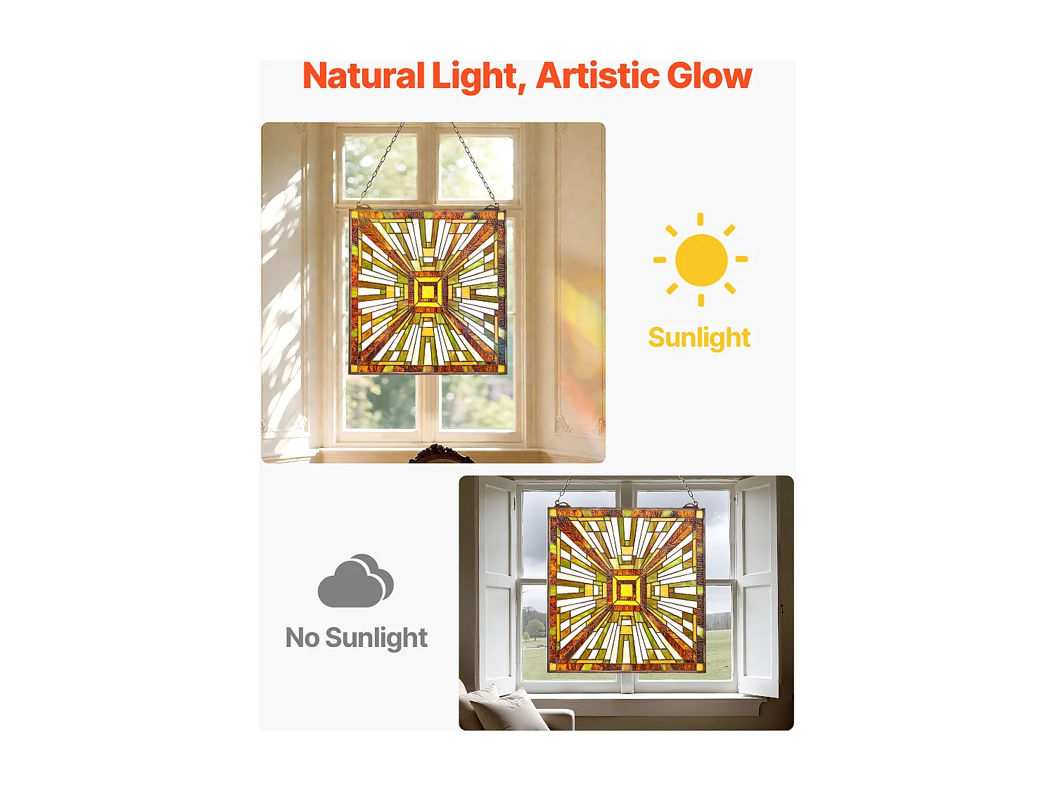 Atrapasol Vitral SucceBuy 50,1 x 52,7 cm, Vitral Colgante con Cadena, Estilo Tiffany, Rectángulo Vertical, Artesanía Tradicional Vintage para Decoración