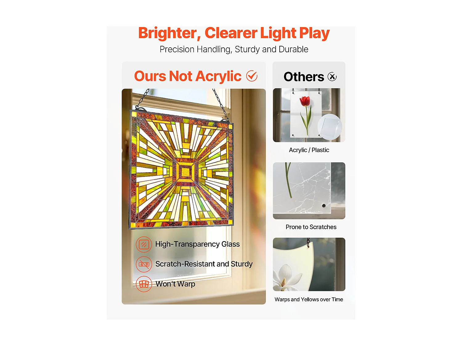 Atrapasol Vitral SucceBuy 50,1 x 52,7 cm, Vitral Colgante con Cadena, Estilo Tiffany, Rectángulo Vertical, Artesanía Tradicional Vintage para Decoración