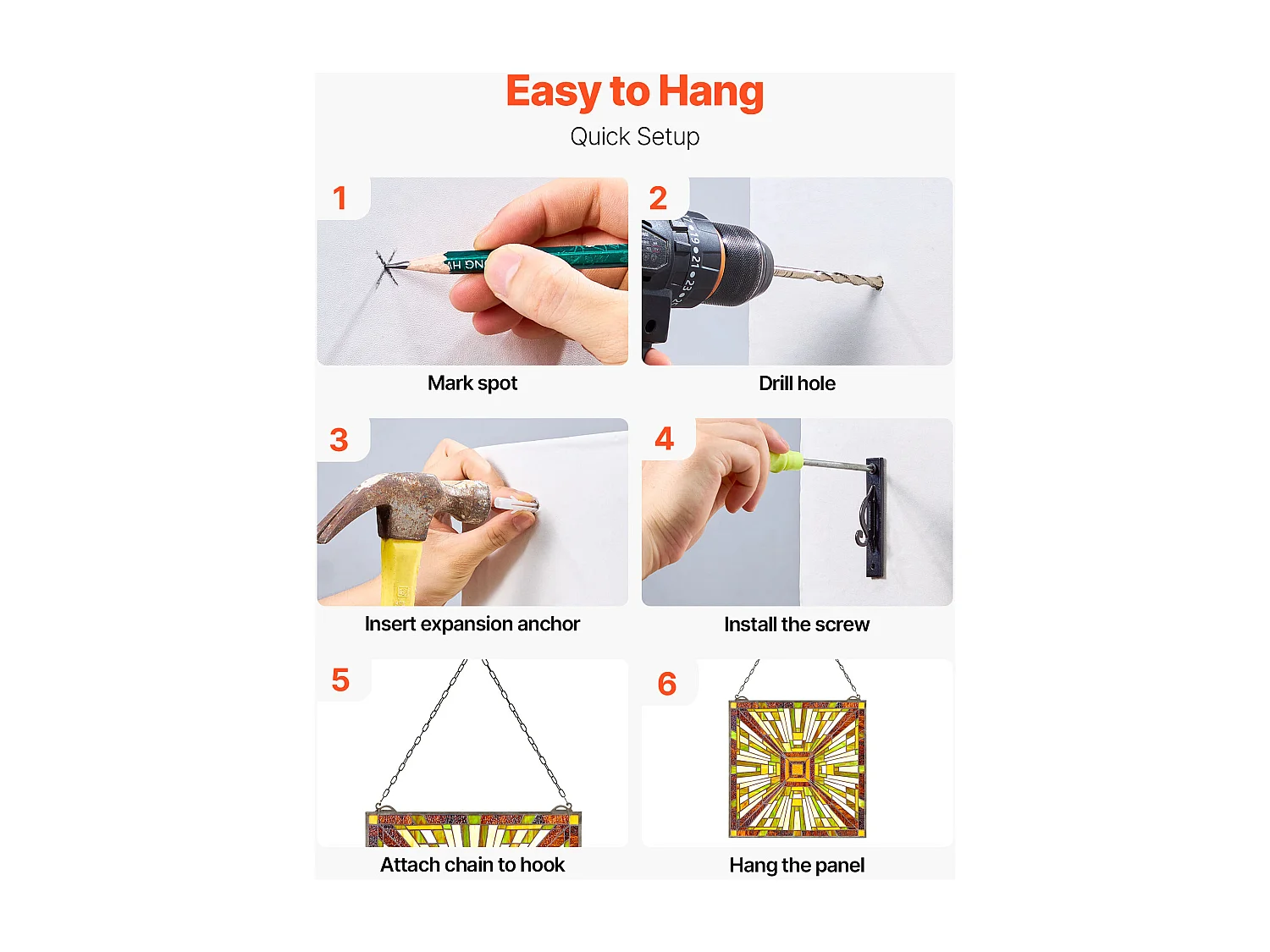 Atrapasol Vitral SucceBuy 50,1 x 52,7 cm, Vitral Colgante con Cadena, Estilo Tiffany, Rectángulo Vertical, Artesanía Tradicional Vintage para Decoración