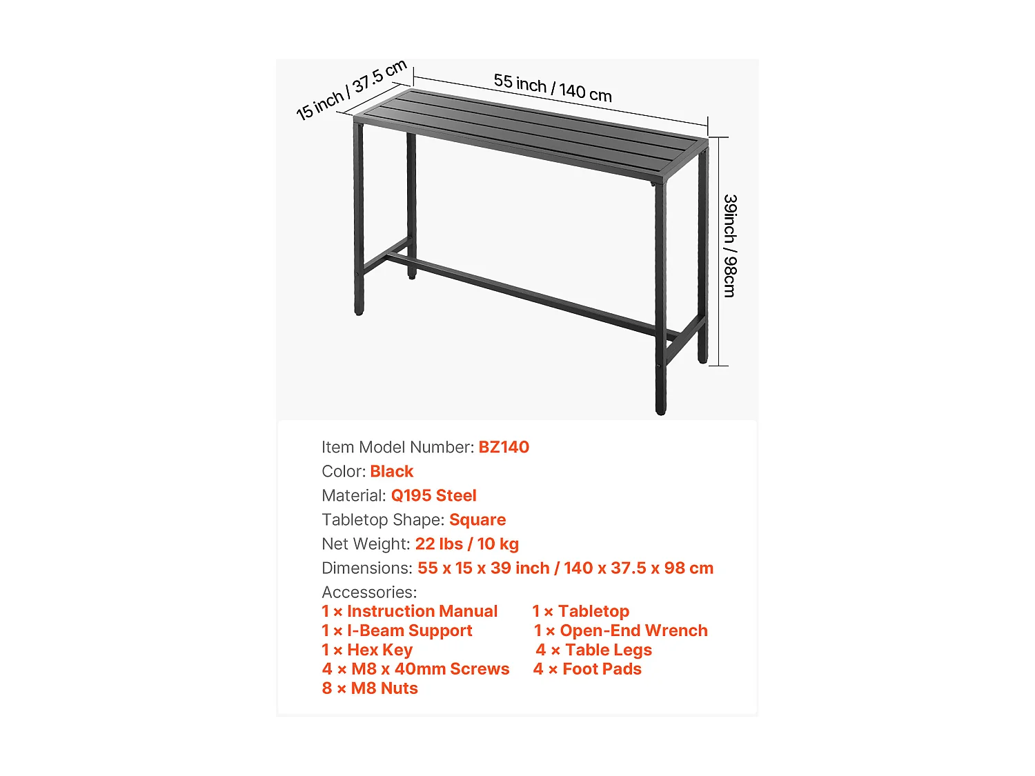 Table de Bar SucceBuy Haute Extérieur, 140 x 37,5 cm, Table à Manger Rectangulaire, avec Plateau Étanche, Structure en Métal Robuste, Mobilier de Jardin