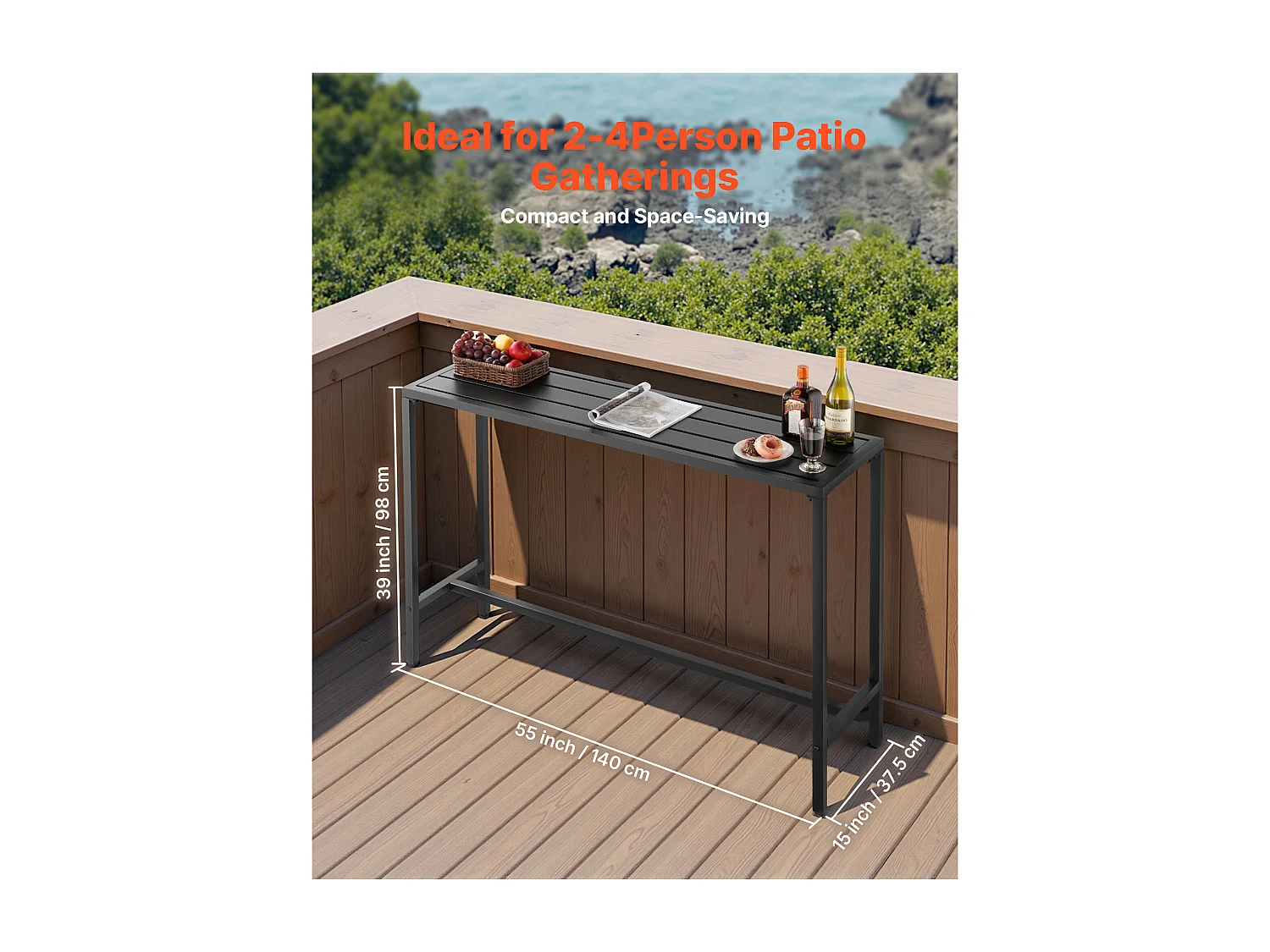 Table de Bar SucceBuy Haute Extérieur, 140 x 37,5 cm, Table à Manger Rectangulaire, avec Plateau Étanche, Structure en Métal Robuste, Mobilier de Jardin