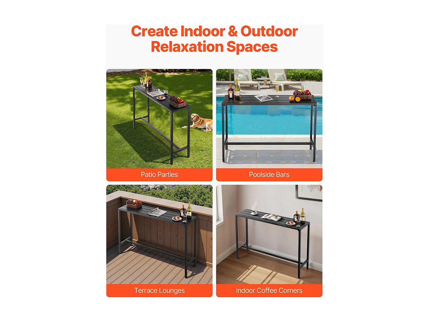 Table de Bar SucceBuy Haute Extérieur, 140 x 37,5 cm, Table à Manger Rectangulaire, avec Plateau Étanche, Structure en Métal Robuste, Mobilier de Jardin