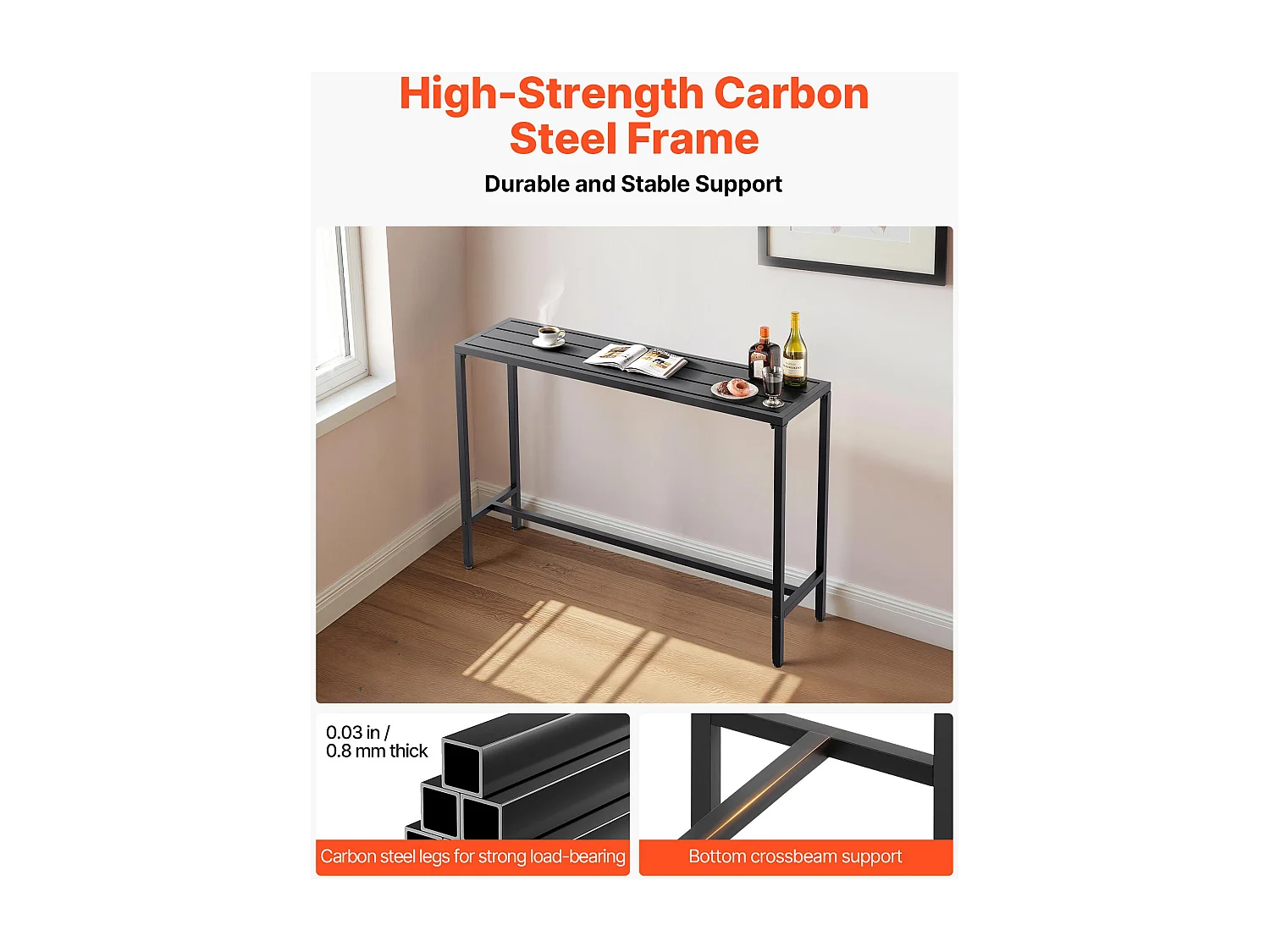 Table de Bar SucceBuy Haute Extérieur, 140 x 37,5 cm, Table à Manger Rectangulaire, avec Plateau Étanche, Structure en Métal Robuste, Mobilier de Jardin