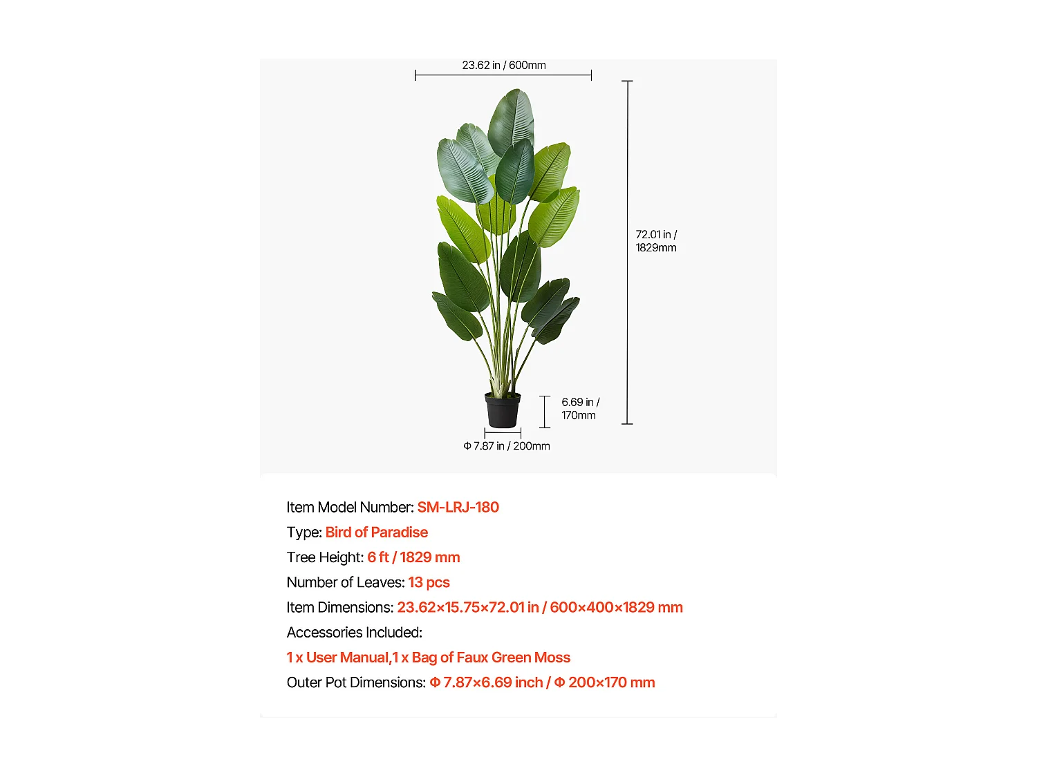 Oiseau de Paradis Artificiel SucceBuy, 1,8 m, Plante Artificielle Tropicale en Pot, Faux Arbre Tropical, Fausse Plante Feuilles Polyéthylène pour Salon