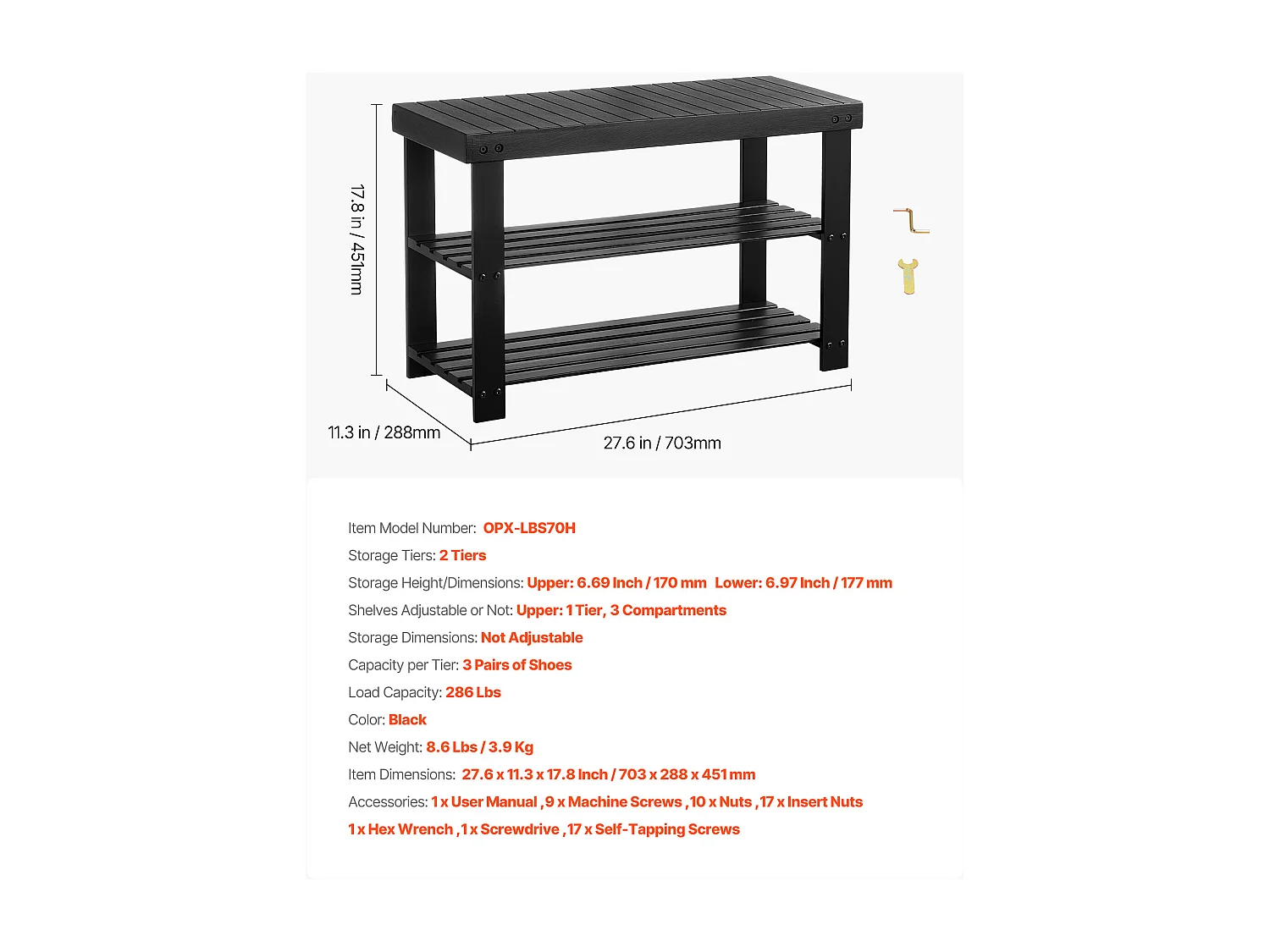 Banc à Chaussures SucceBuy de 70.3 x 28.8 x 45.1 cm, Banc d'Entrée Supporte jusqu'à 129,7 kg, Rangement à Chaussures Polyvalent à 3 Niveaux, Noir