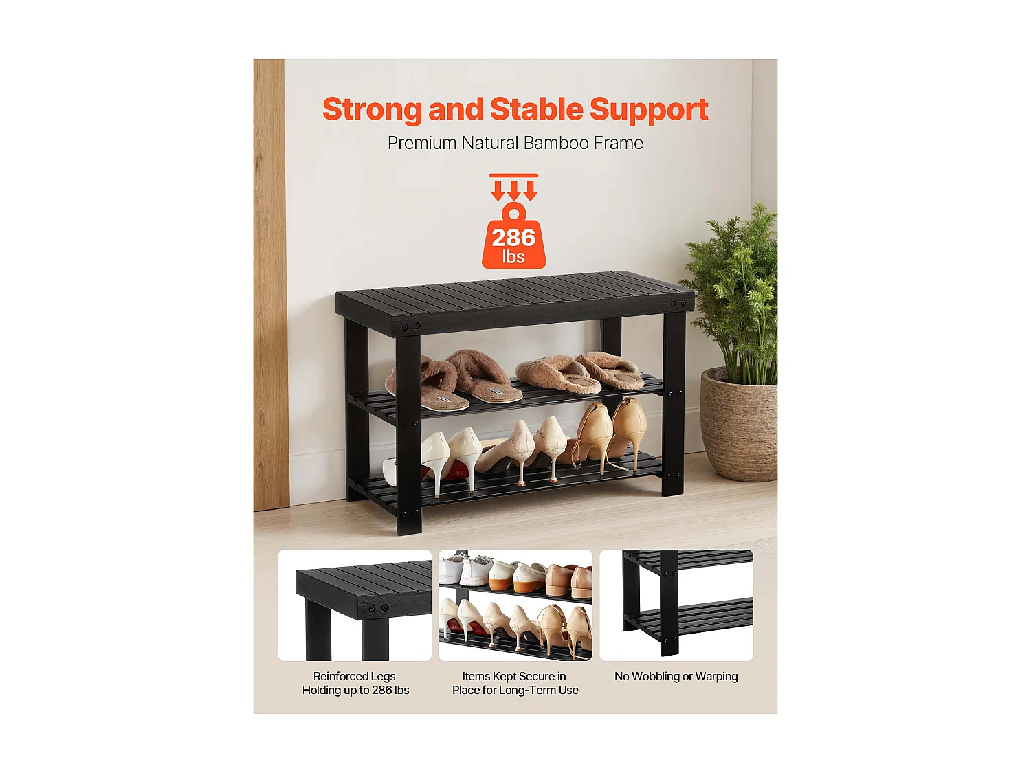 Banc à Chaussures SucceBuy de 70.3 x 28.8 x 45.1 cm, Banc d'Entrée Supporte jusqu'à 129,7 kg, Rangement à Chaussures Polyvalent à 3 Niveaux, Noir