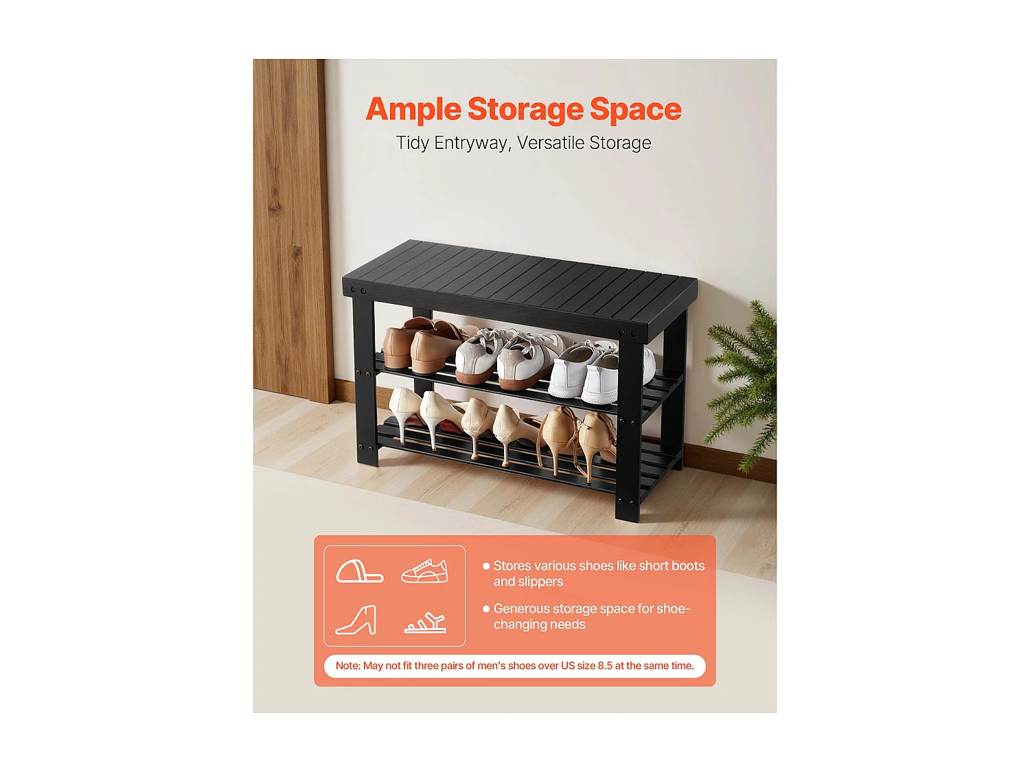 Banc à Chaussures SucceBuy de 70.3 x 28.8 x 45.1 cm, Banc d'Entrée Supporte jusqu'à 129,7 kg, Rangement à Chaussures Polyvalent à 3 Niveaux, Noir