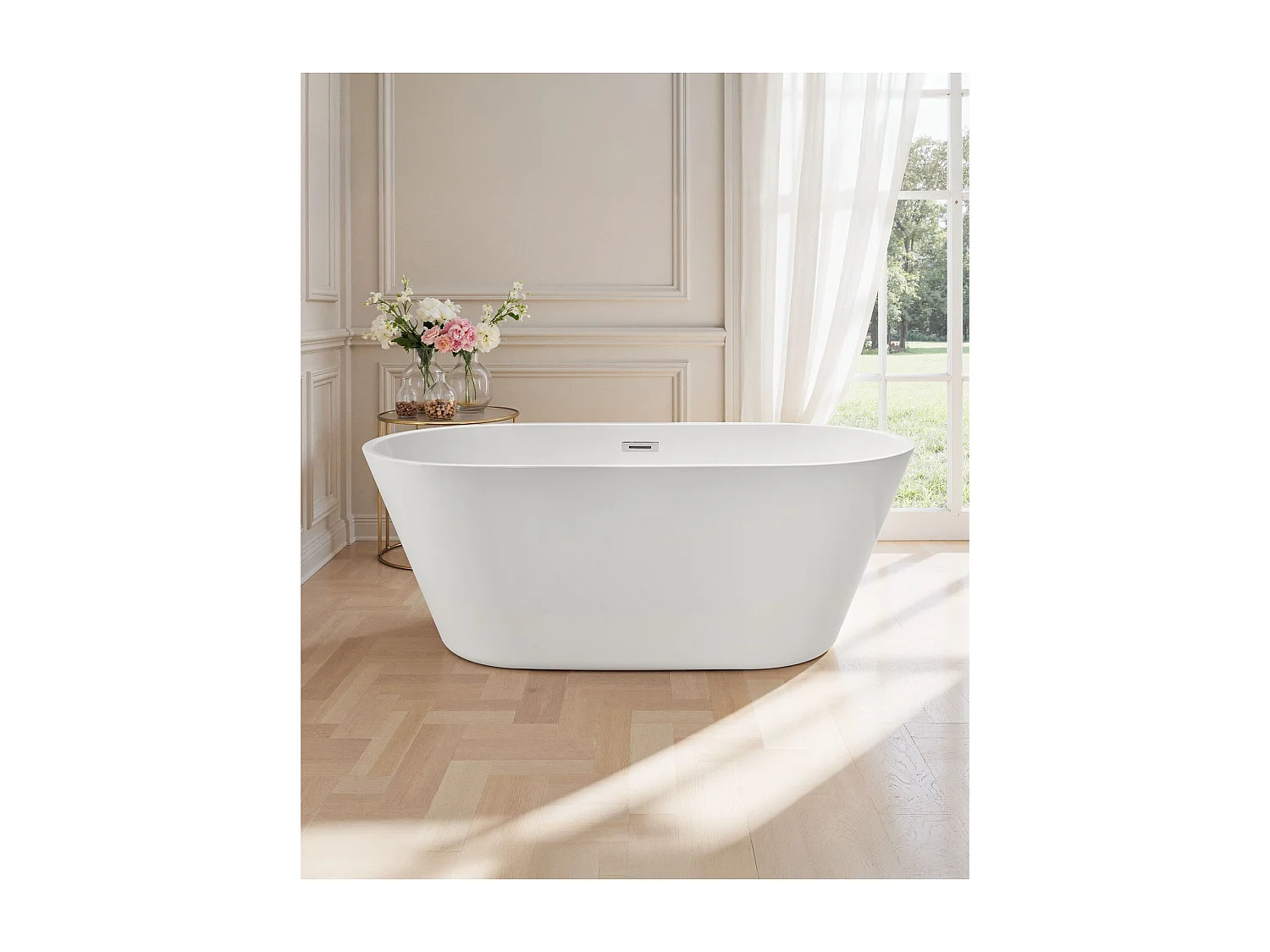 Bañera Autoportante SucceBuy en Acrílico, Bañera Isla Moderna Ovalada, 150x75 cm, Gran Capacidad 230 L, con Rebosadero y Desagüe en Cromo Pulido