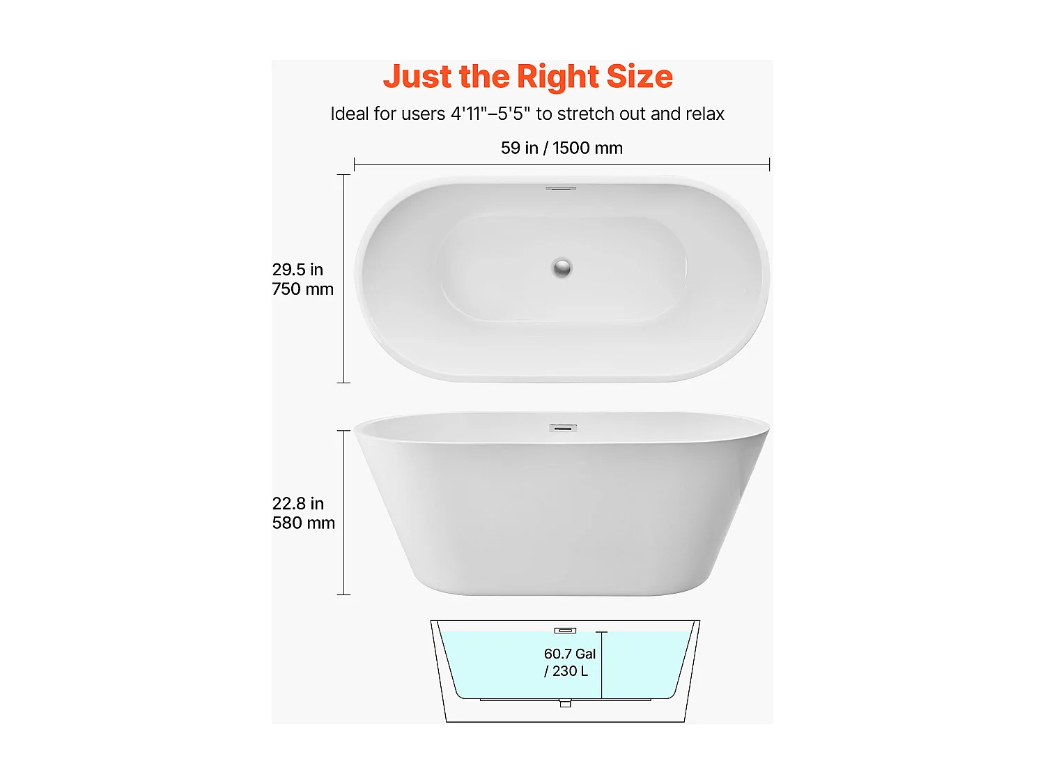 Bañera Autoportante SucceBuy en Acrílico, Bañera Isla Moderna Ovalada, 150x75 cm, Gran Capacidad 230 L, con Rebosadero y Desagüe en Cromo Pulido