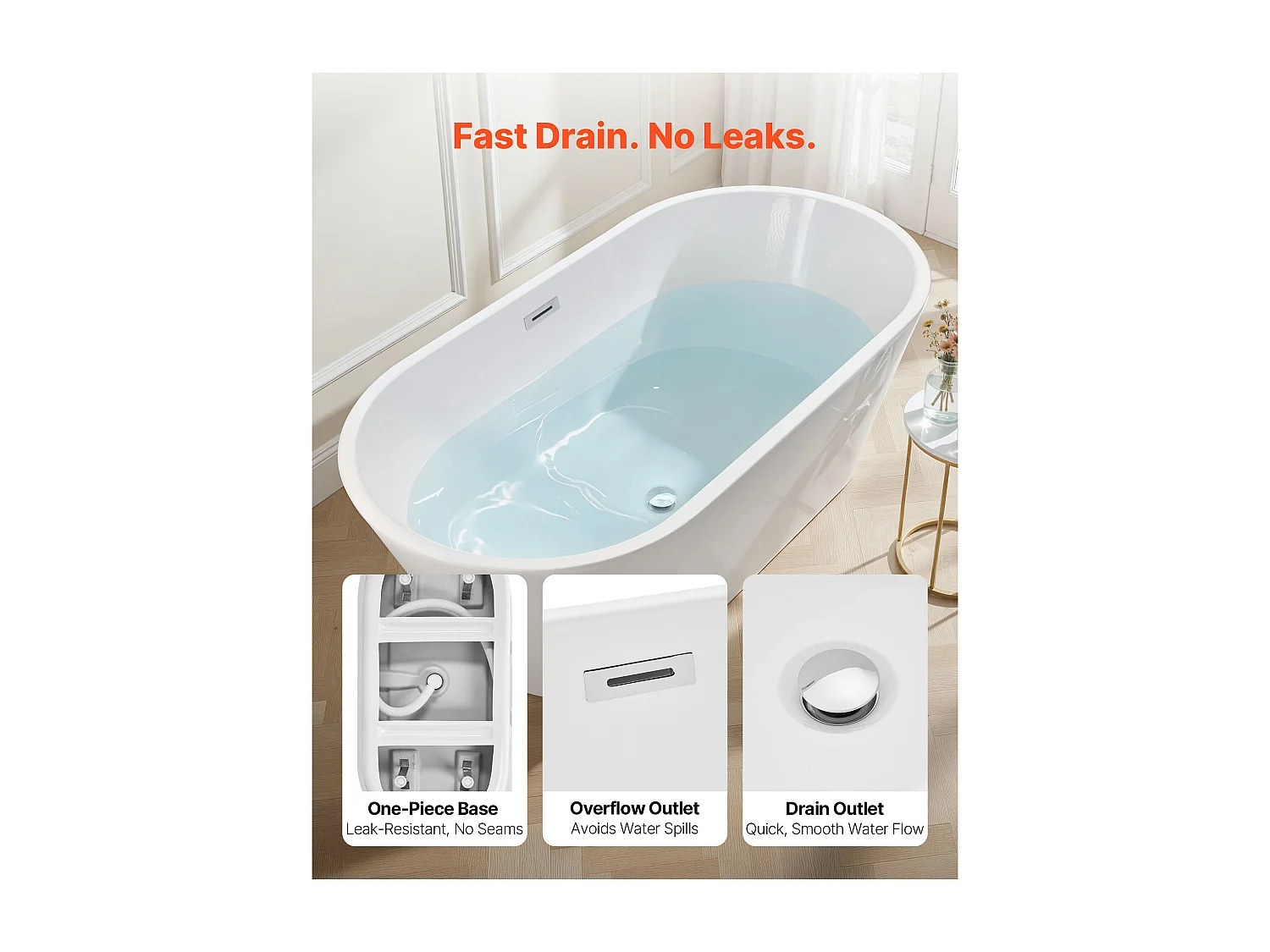 Bañera Autoportante SucceBuy en Acrílico, Bañera Isla Moderna Ovalada, 150x75 cm, Gran Capacidad 230 L, con Rebosadero y Desagüe en Cromo Pulido