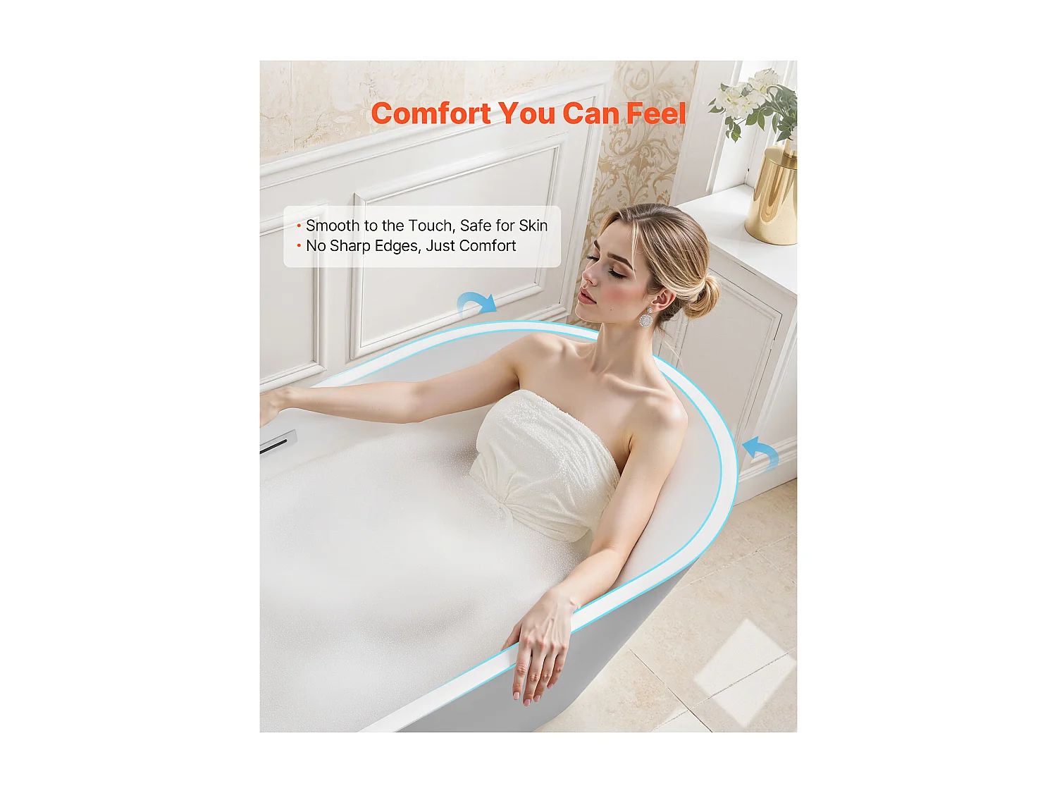 Bañera Autoportante SucceBuy en Acrílico, Bañera Isla Moderna Ovalada, 150x75 cm, Gran Capacidad 230 L, con Rebosadero y Desagüe en Cromo Pulido