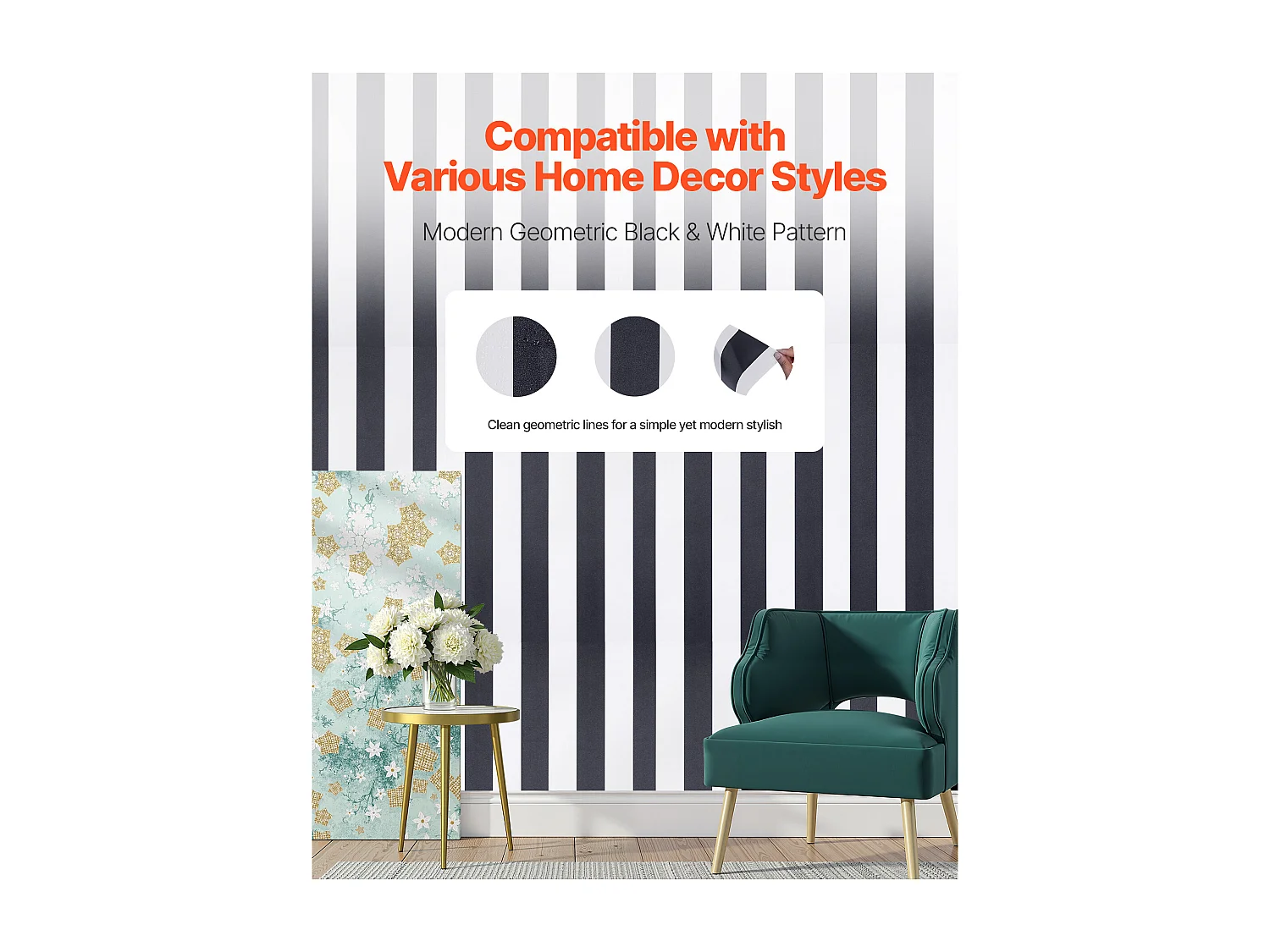 Papier Peint Adhésif Mural SucceBuy, 45 cm x 15 m, Rouleau Papier Peint Autocollant Vinyle, Motif Géométrique Moderne Noir Blanc, Étanche, pour Revêtement Mural