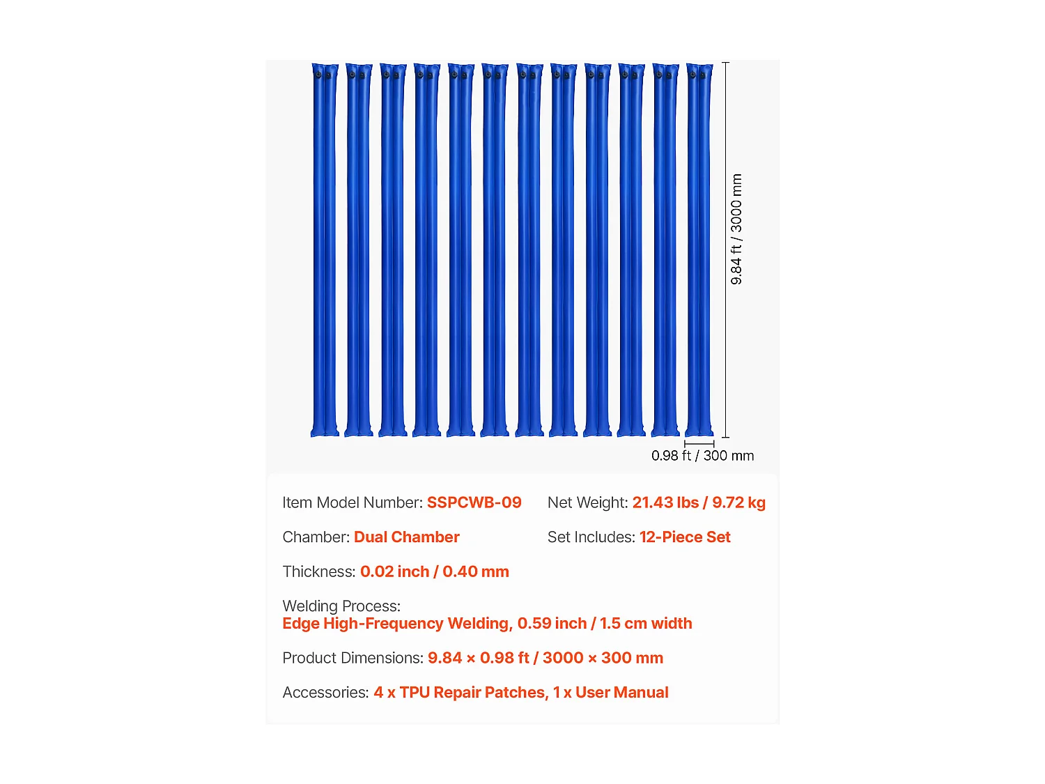 Saco de Agua SucceBuy para Lona de Piscina, Lote de 12, Saco de Lastrado de Doble Cámara, 3 m, Sacos Tubo Lastrados PVC Espesor 0,4 mm