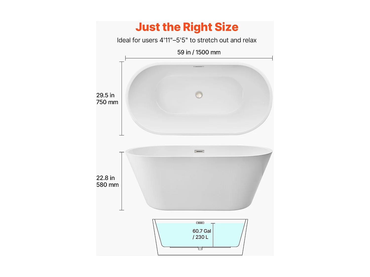 Baignoire Autoportante SucceBuy en Acrylique, Baignoire Îlot Moderne et Élégante, 150x75 cm, Grande Capacité 230 L, avec Trop-plein et Bonde en Nickel Brossé