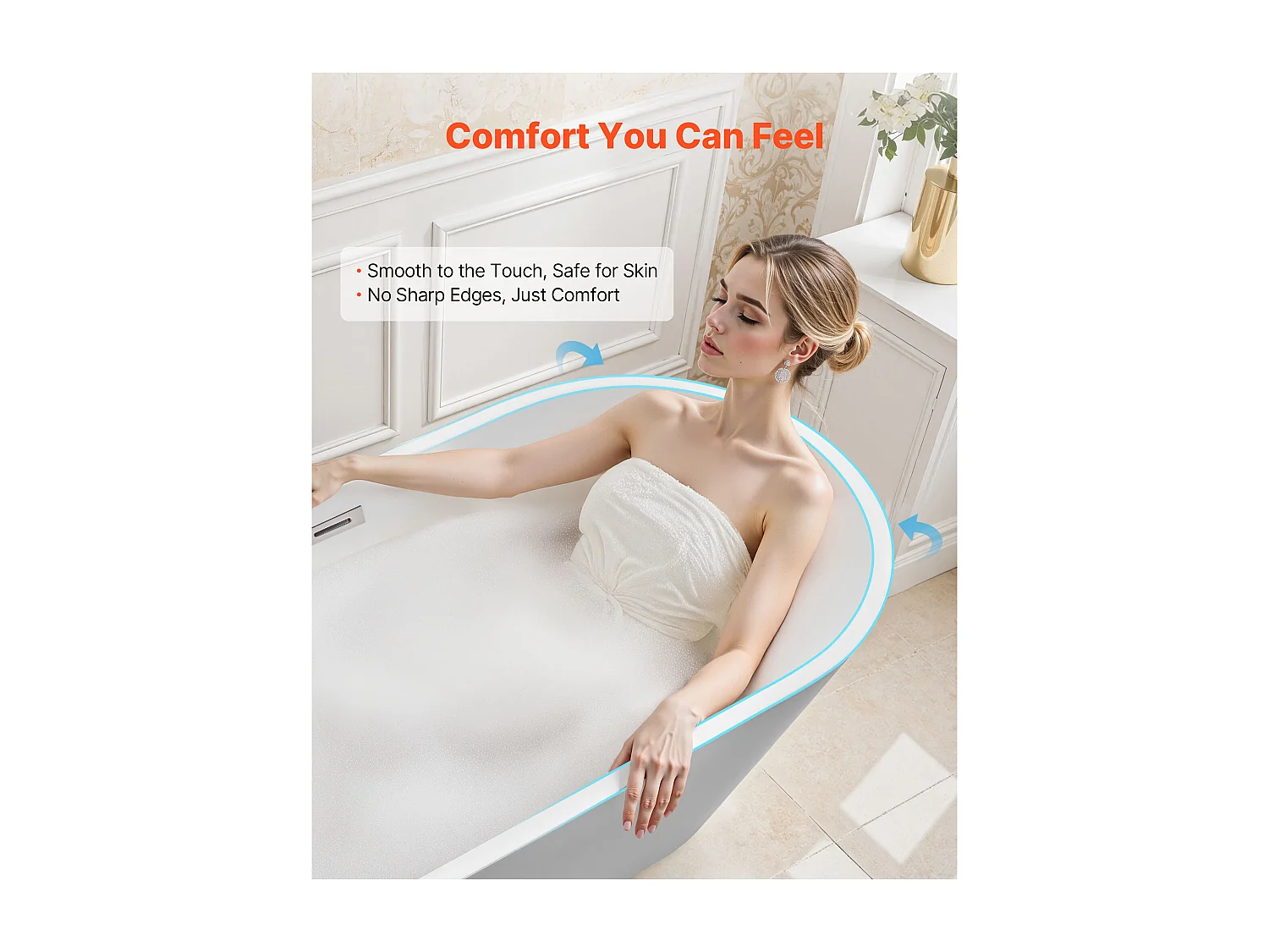 Baignoire Autoportante SucceBuy en Acrylique, Baignoire Îlot Moderne et Élégante, 150x75 cm, Grande Capacité 230 L, avec Trop-plein et Bonde en Nickel Brossé