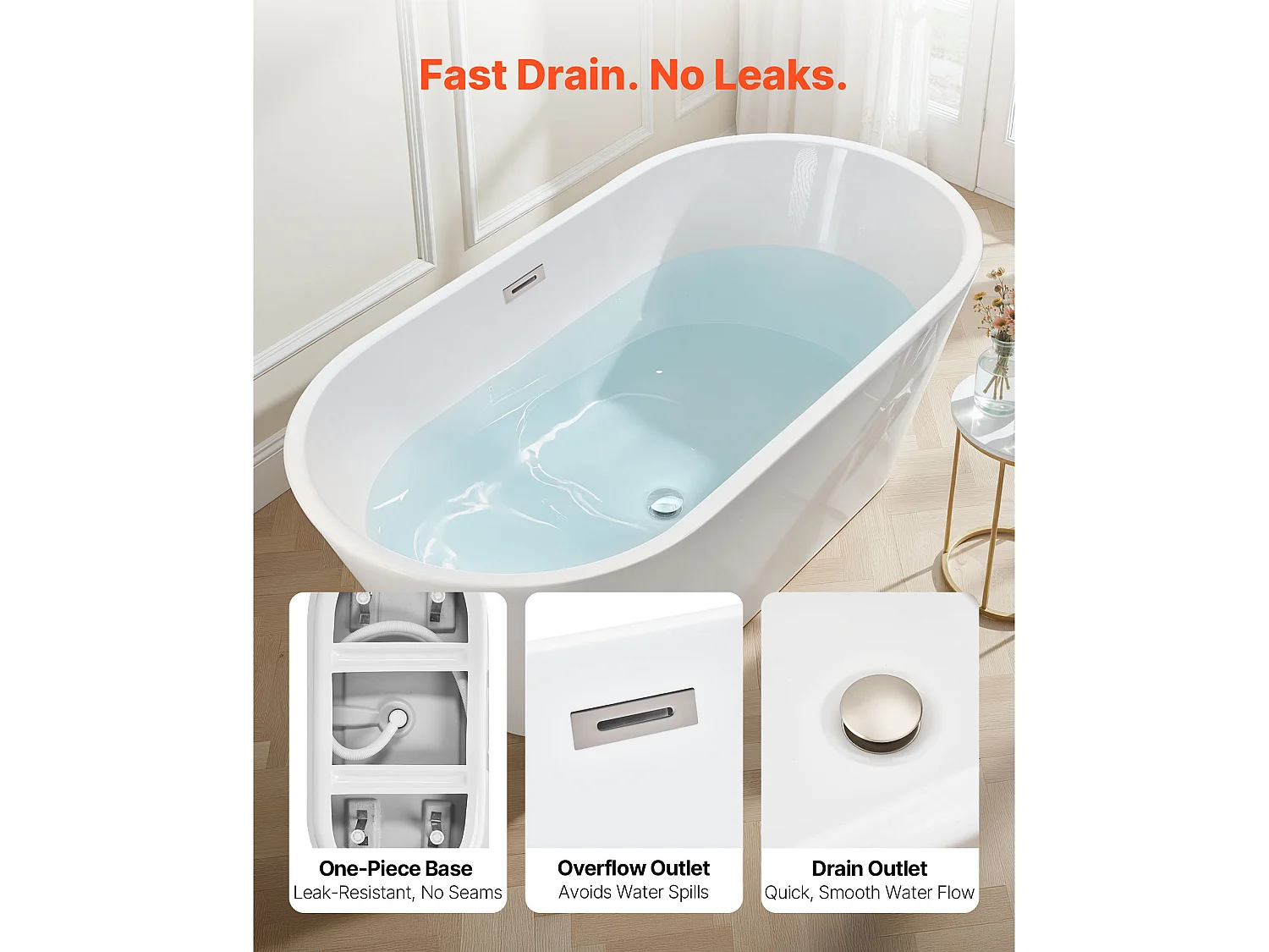 Bañera Autoportante SucceBuy en Acrílico, Bañera Isla Moderna y Elegante, 150x75 cm, Gran Capacidad 230 L, con Rebosadero y Desagüe en Níquel Cepillado