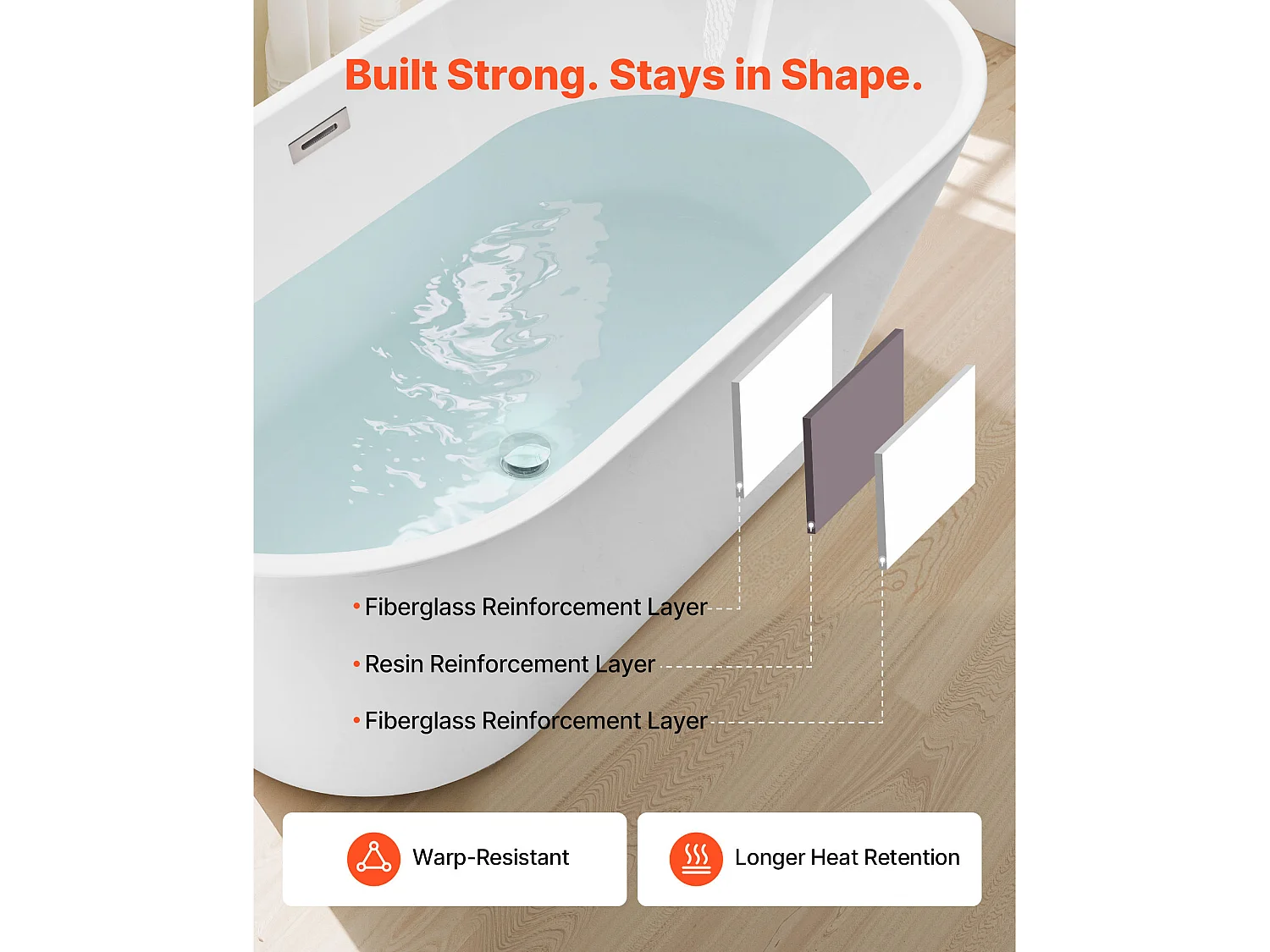 Bañera Autoportante SucceBuy en Acrílico, Bañera Isla Moderna y Elegante, 150x75 cm, Gran Capacidad 230 L, con Rebosadero y Desagüe en Níquel Cepillado
